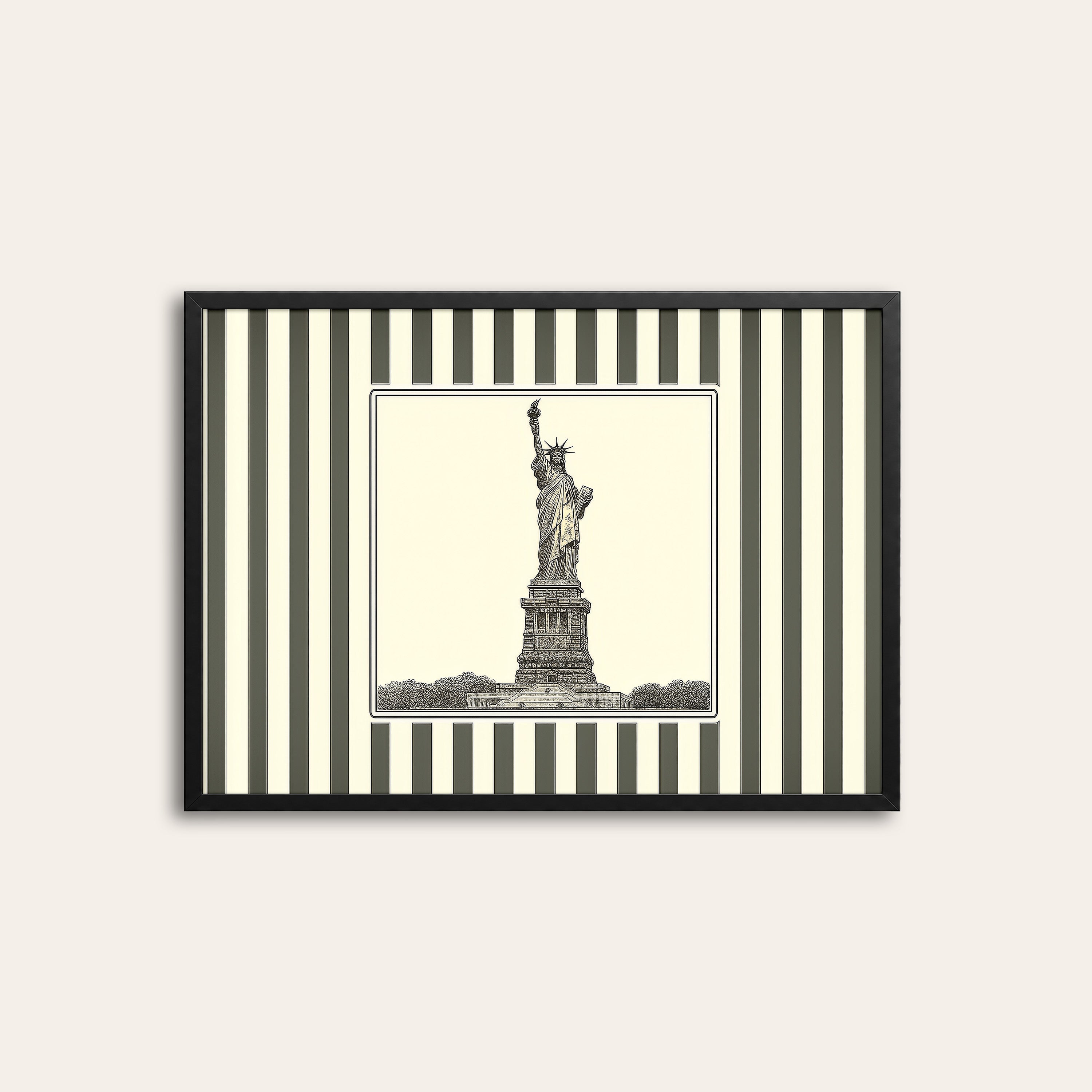 Ticking Stripe Liberty — Engraving Print – black frame