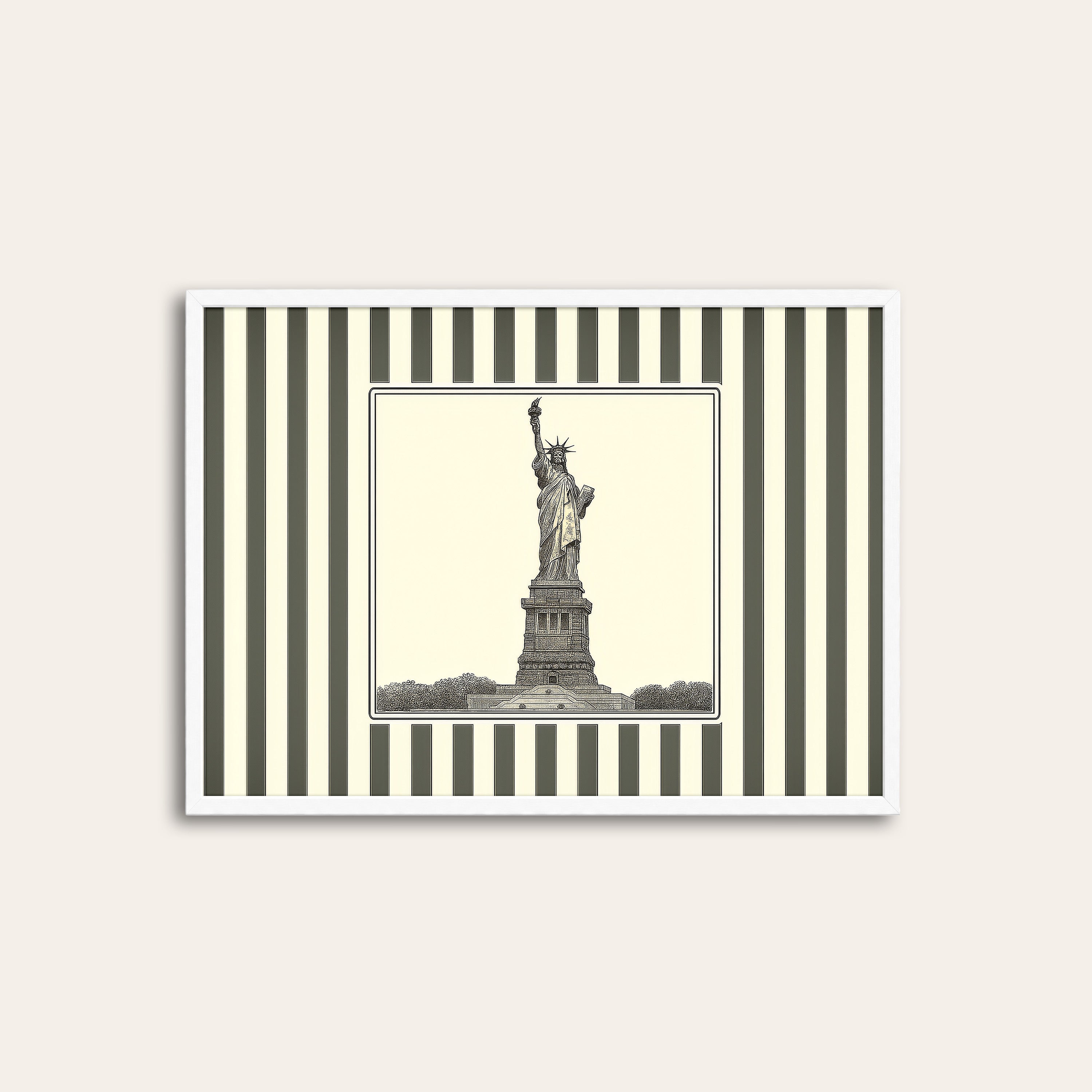 Ticking Stripe Liberty — Engraving Print – white frame