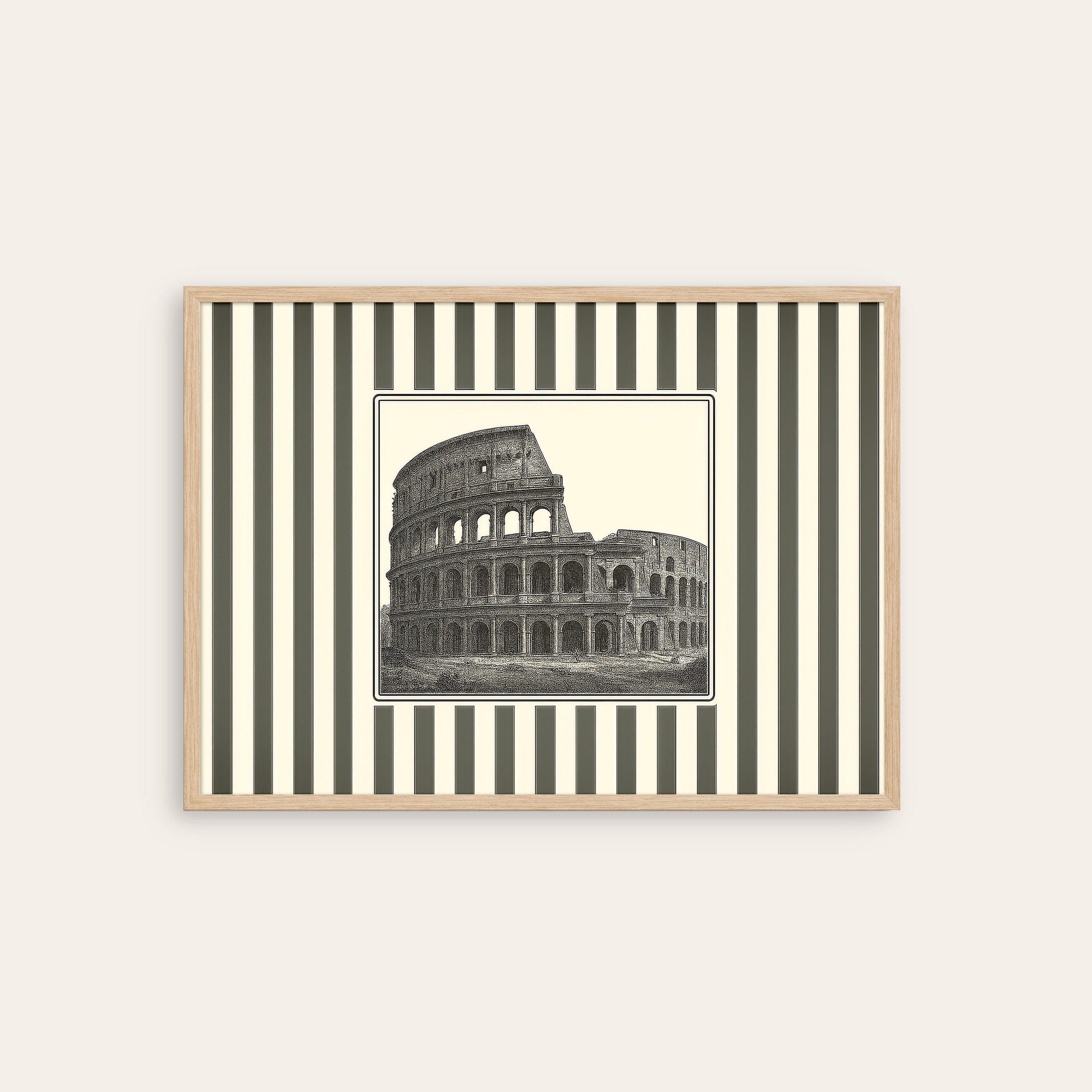 Ticking Stripe Colosseum — Engraving Print – natural wood frame
