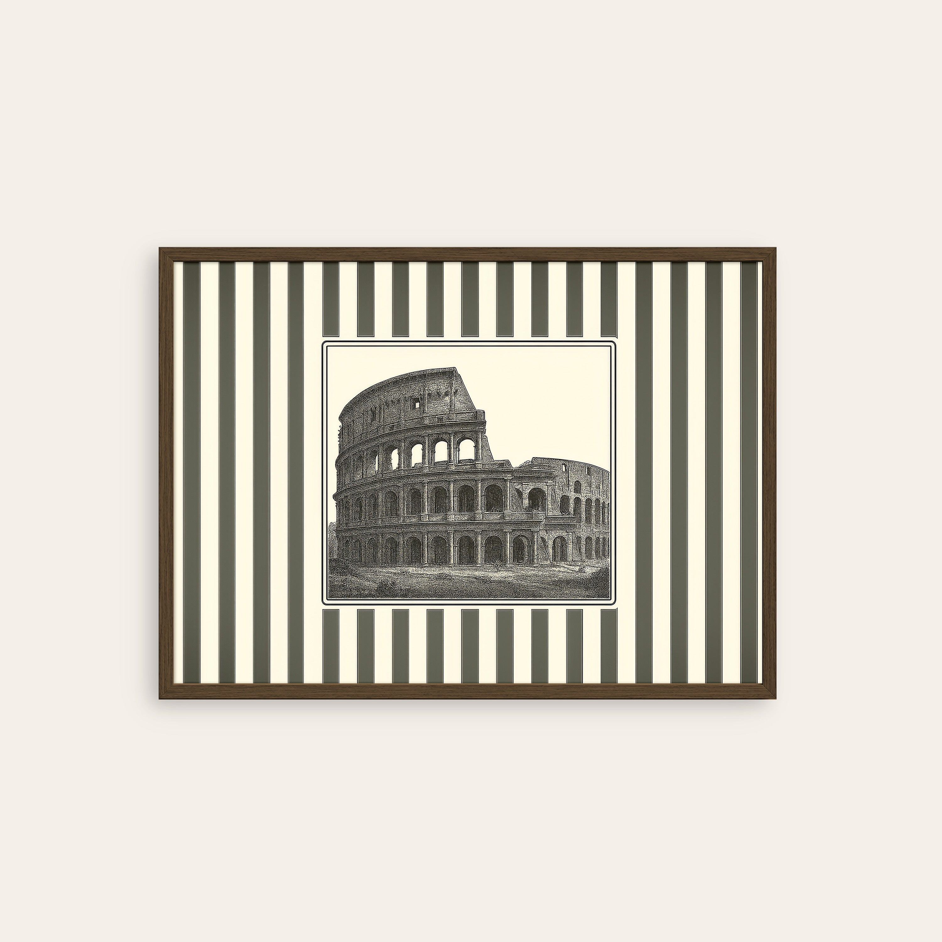 Ticking Stripe Colosseum — Engraving Print – dark wood frame