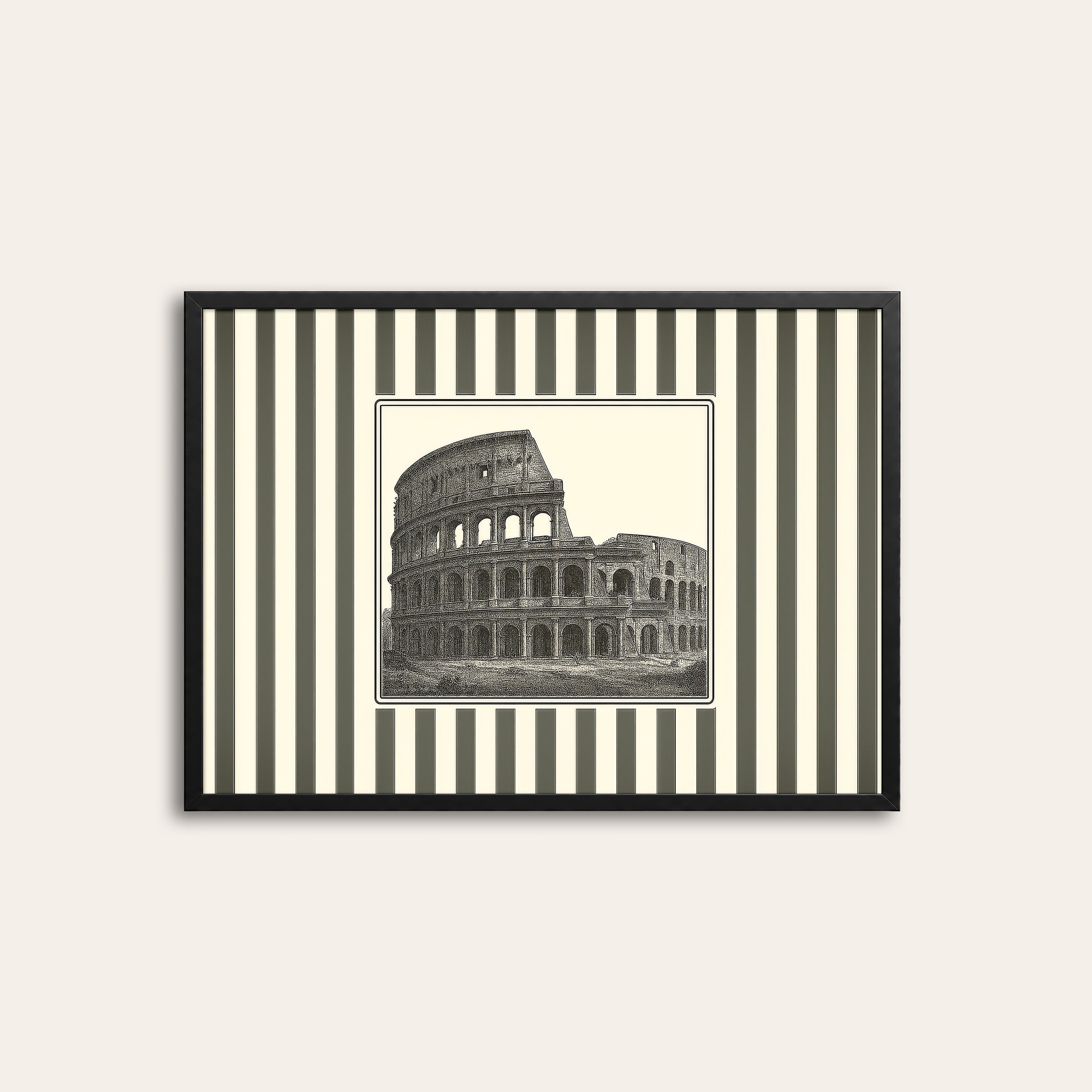 Ticking Stripe Colosseum — Engraving Print – black frame