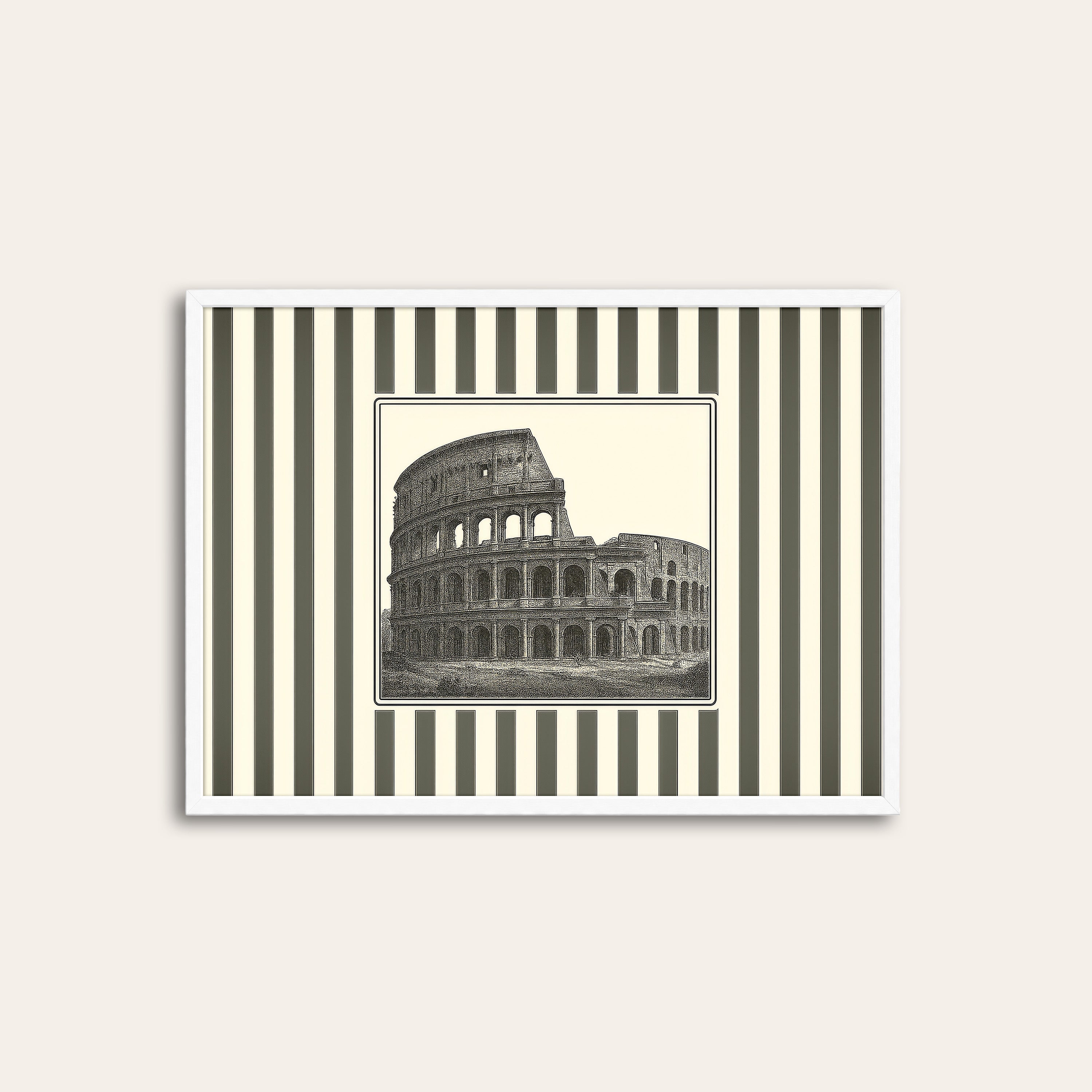 Ticking Stripe Colosseum — Engraving Print – white frame