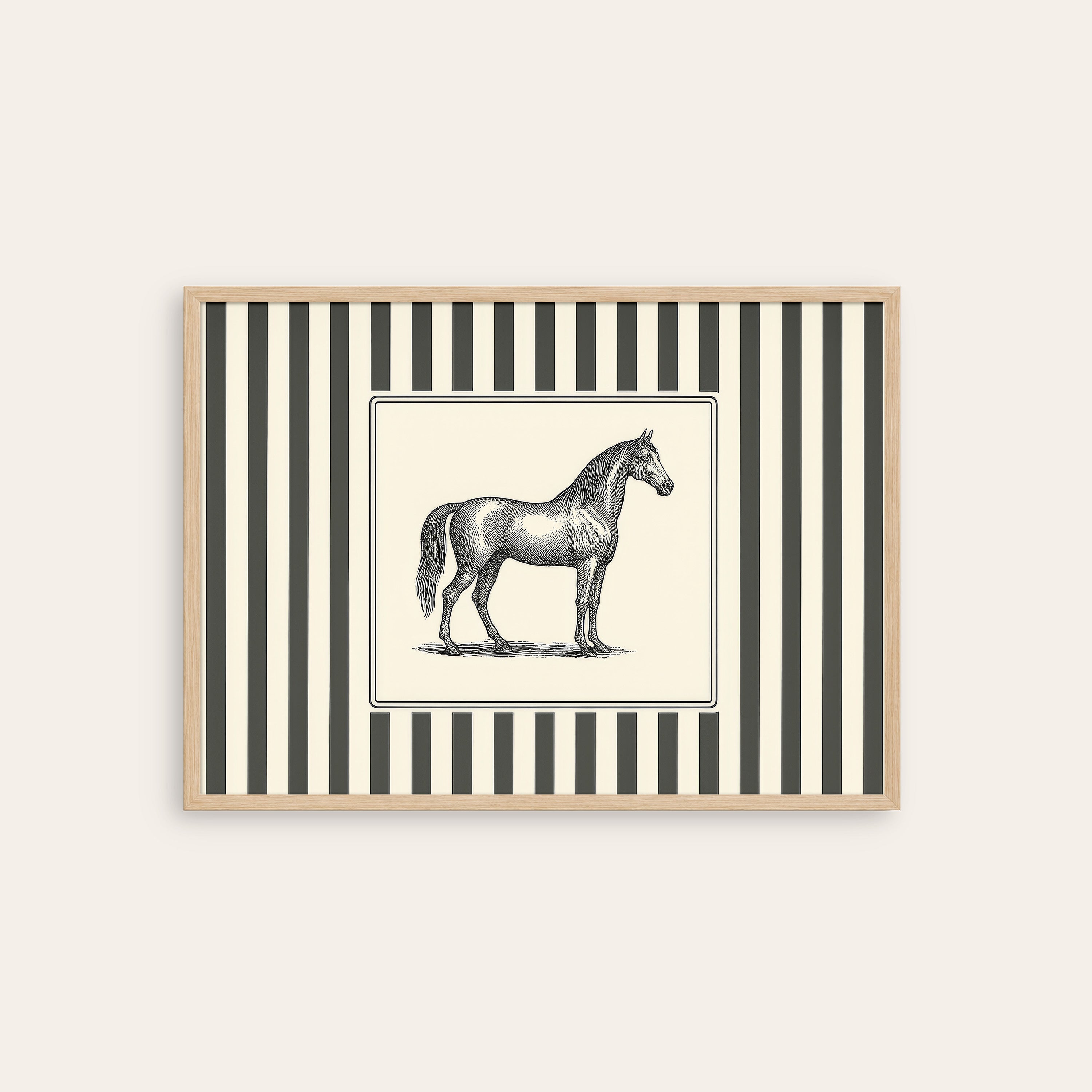 Ticking Stripe Horse — Engraving Print – natural wood frame