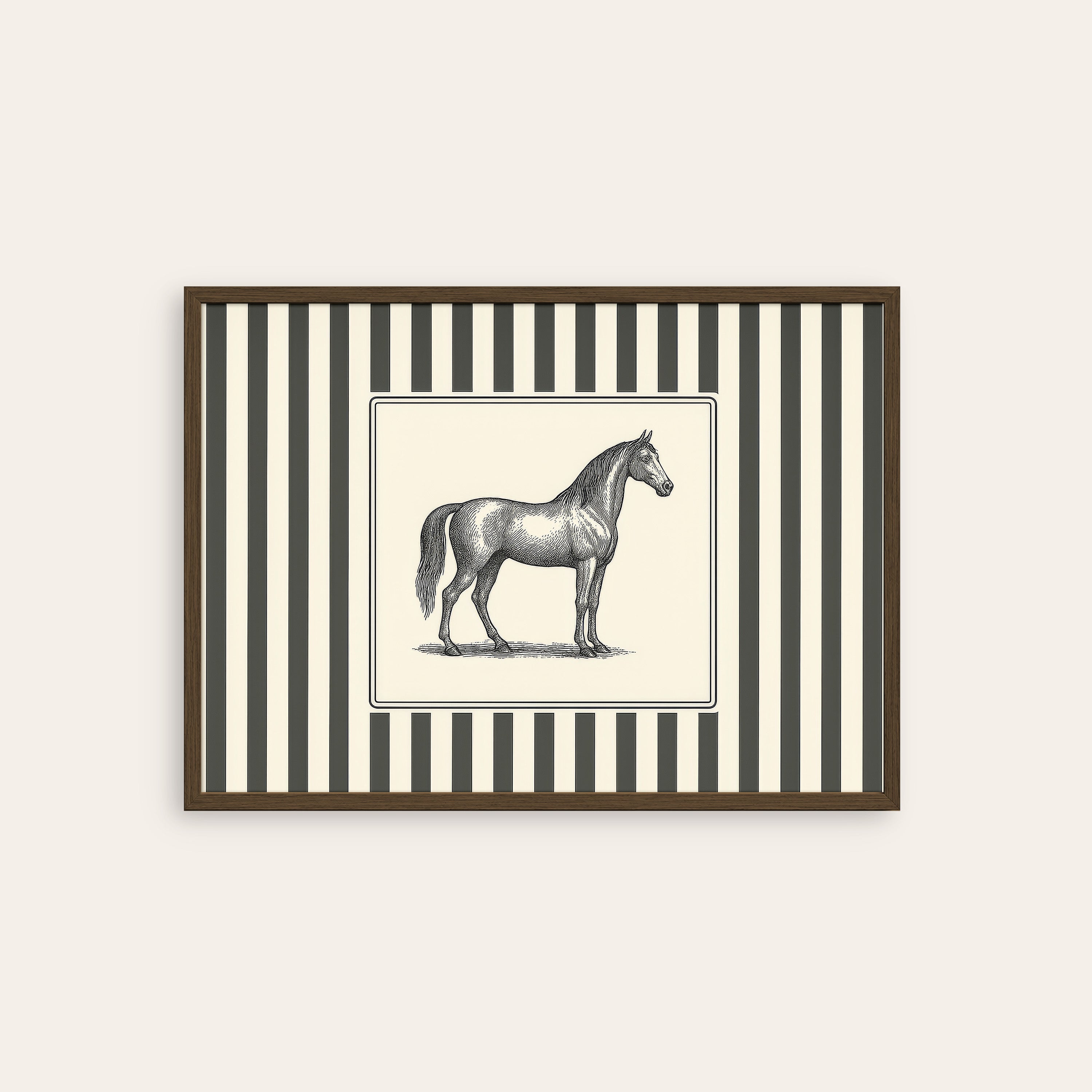 Ticking Stripe Horse — Engraving Print – dark wood frame