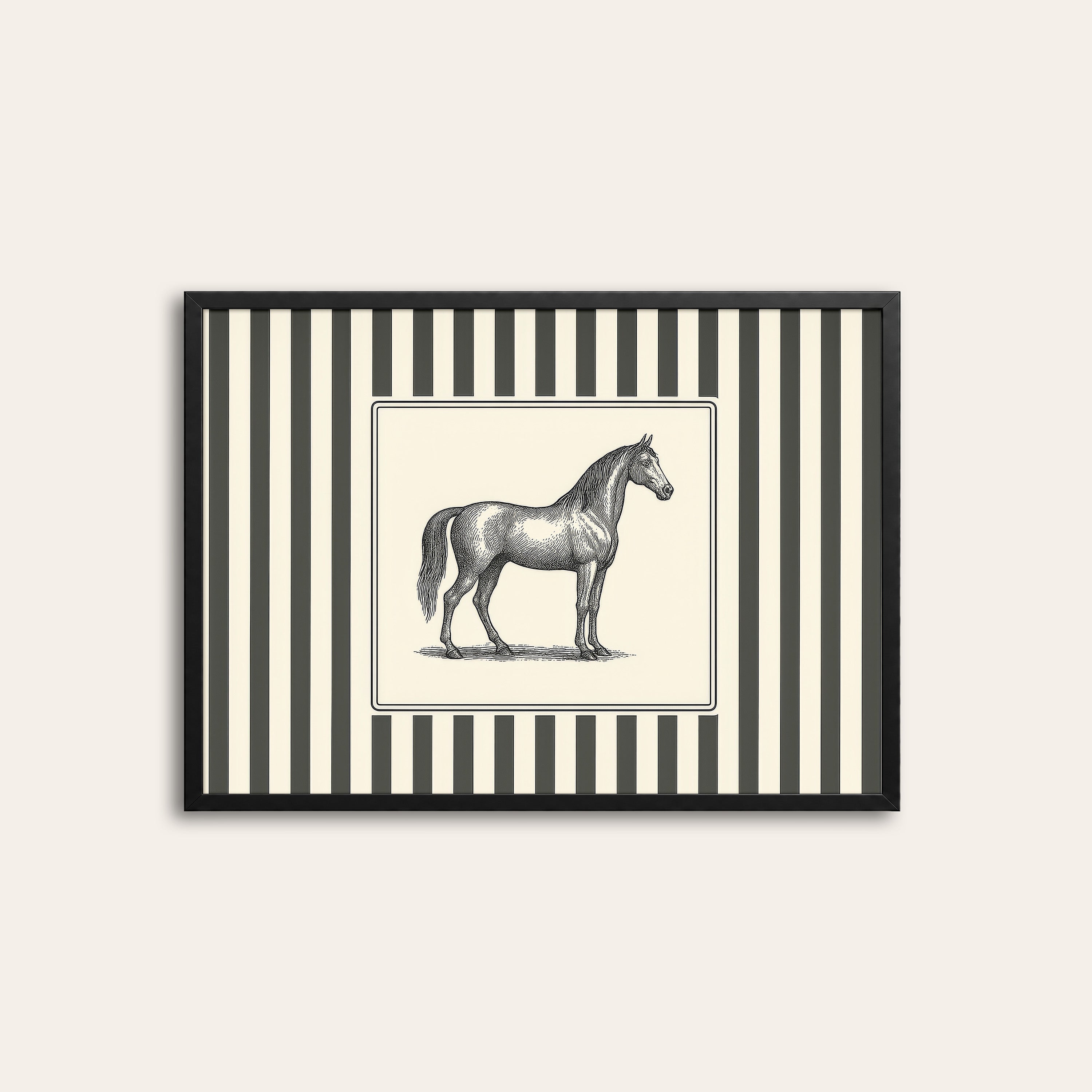 Ticking Stripe Horse — Engraving Print – black frame