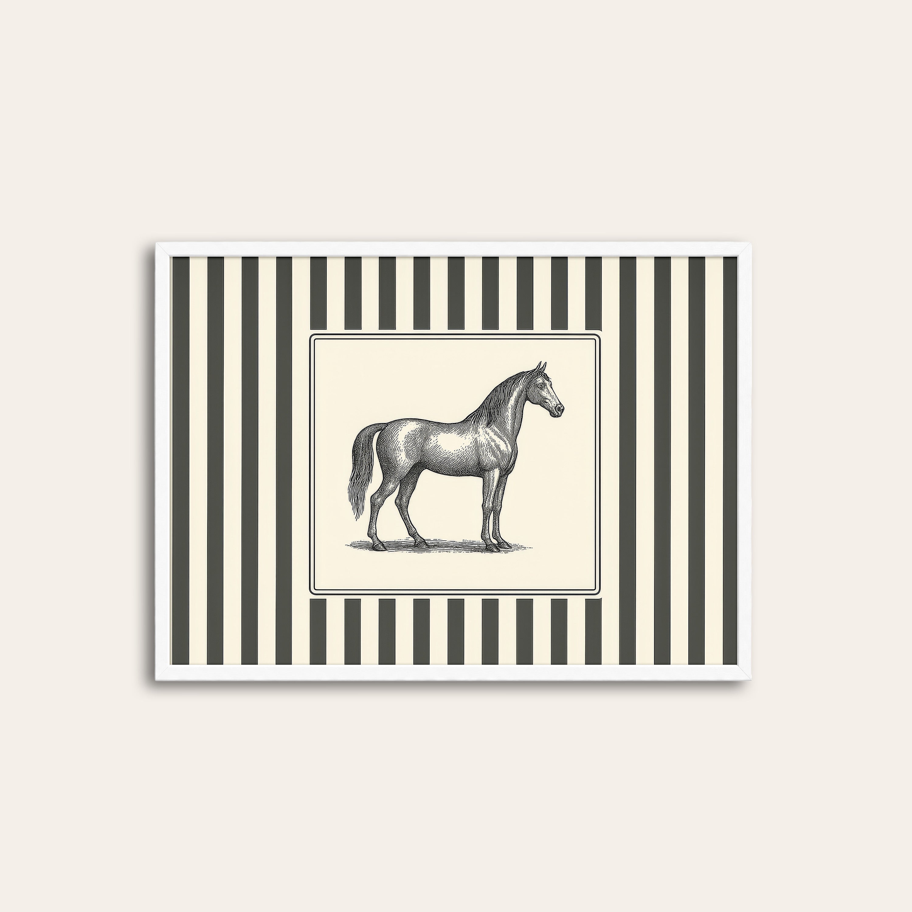 Ticking Stripe Horse — Engraving Print – white frame