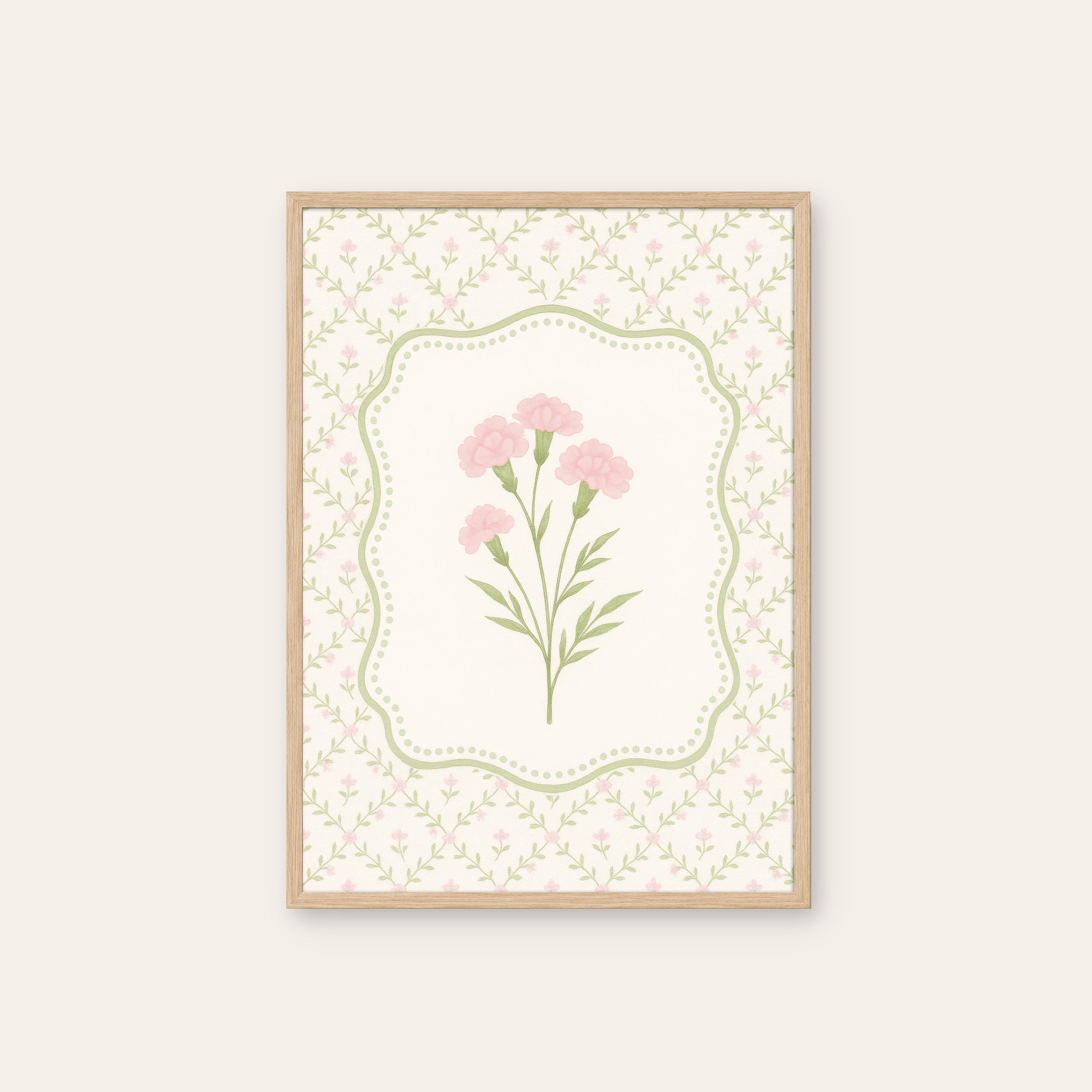 Pink Carnations — Dotted Card Print – natural wood frame