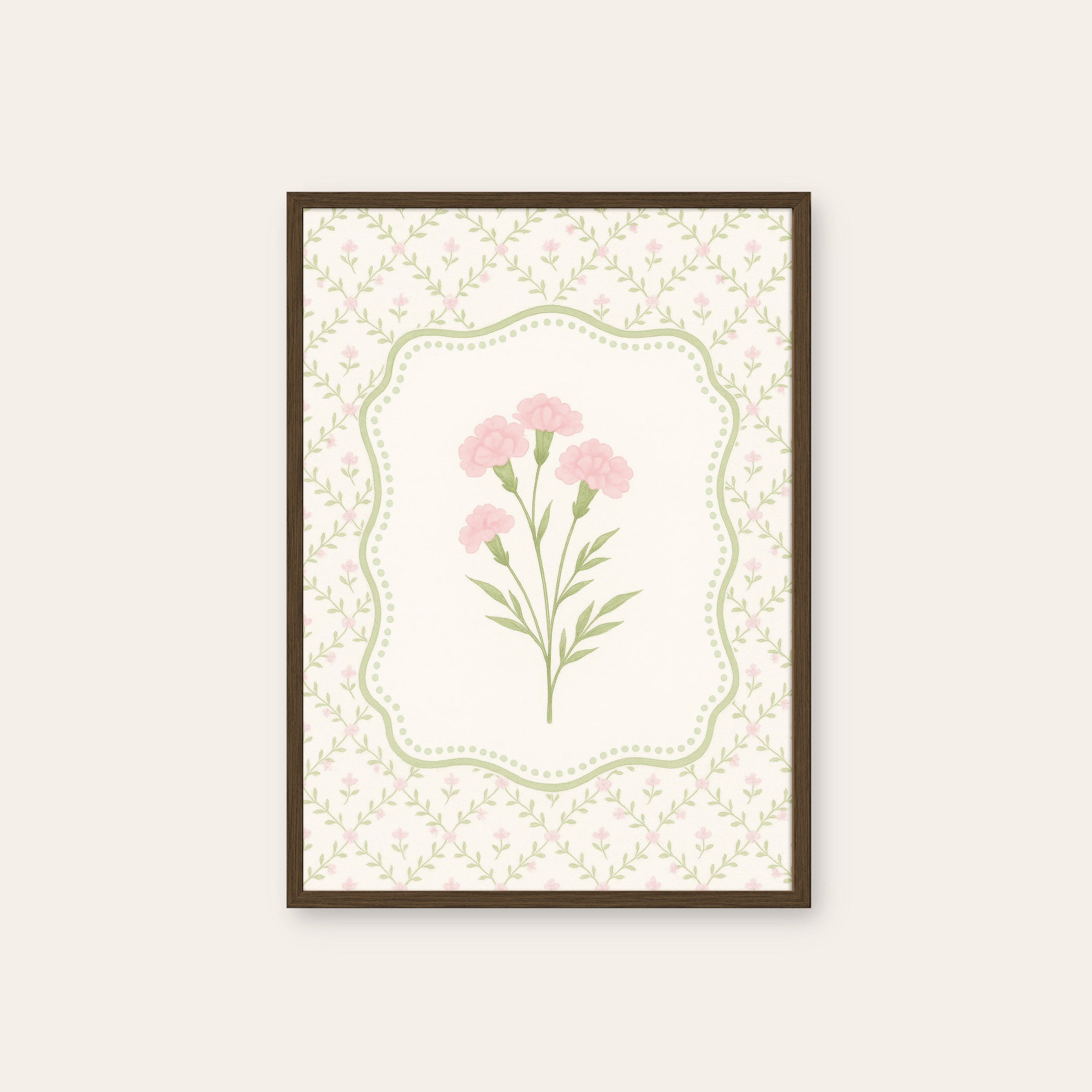 Pink Carnations — Dotted Card Print – dark wood frame