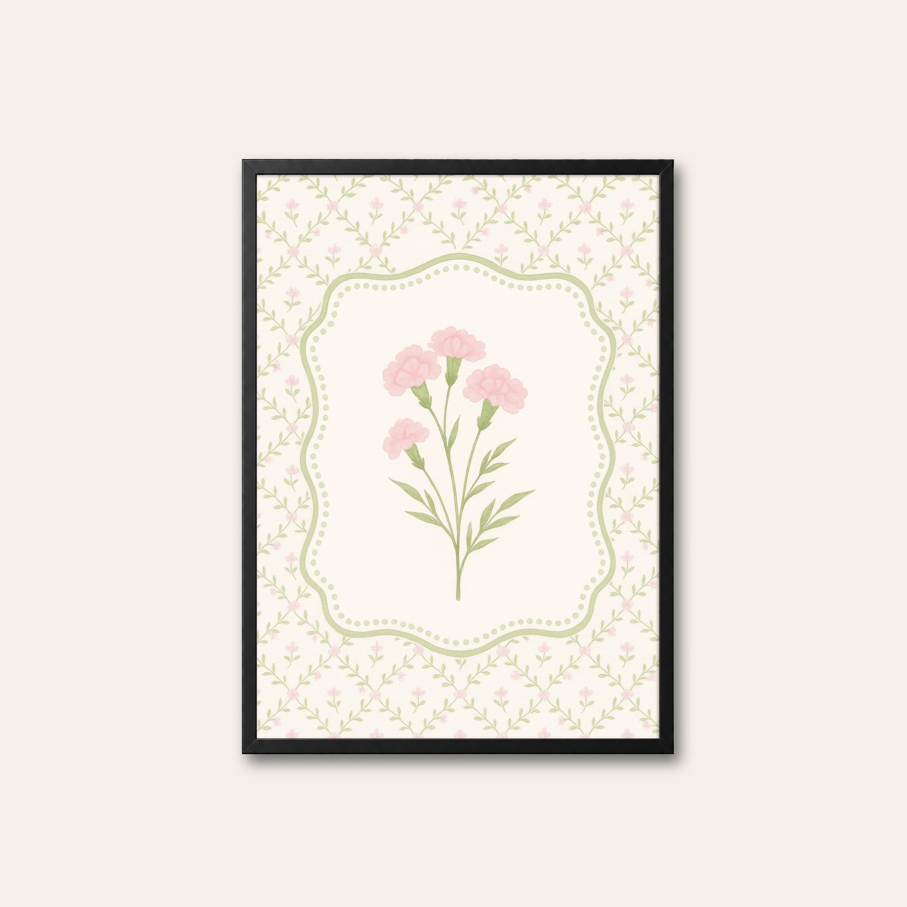 Pink Carnations — Dotted Card Print – black frame
