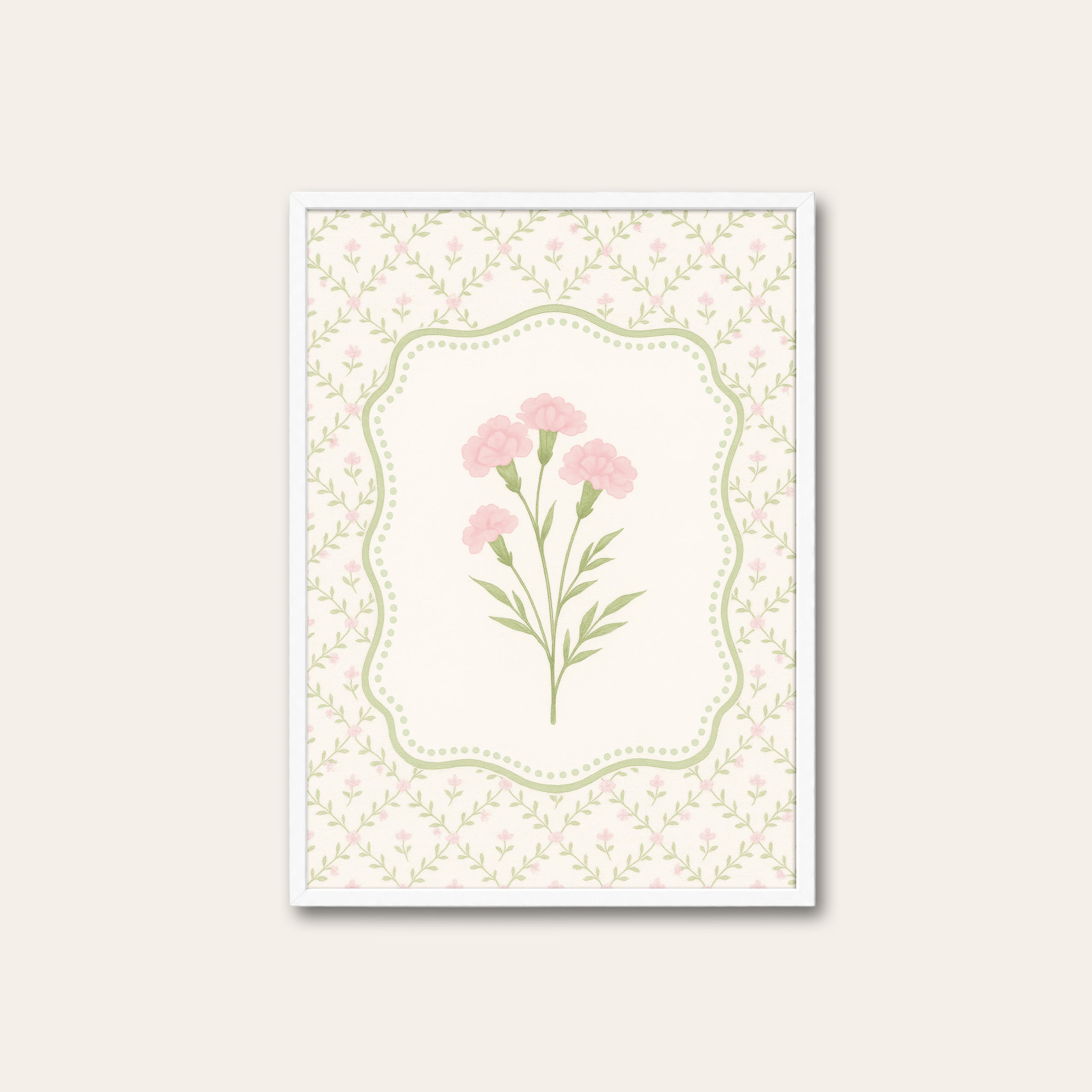 Pink Carnations — Dotted Card Print – white frame