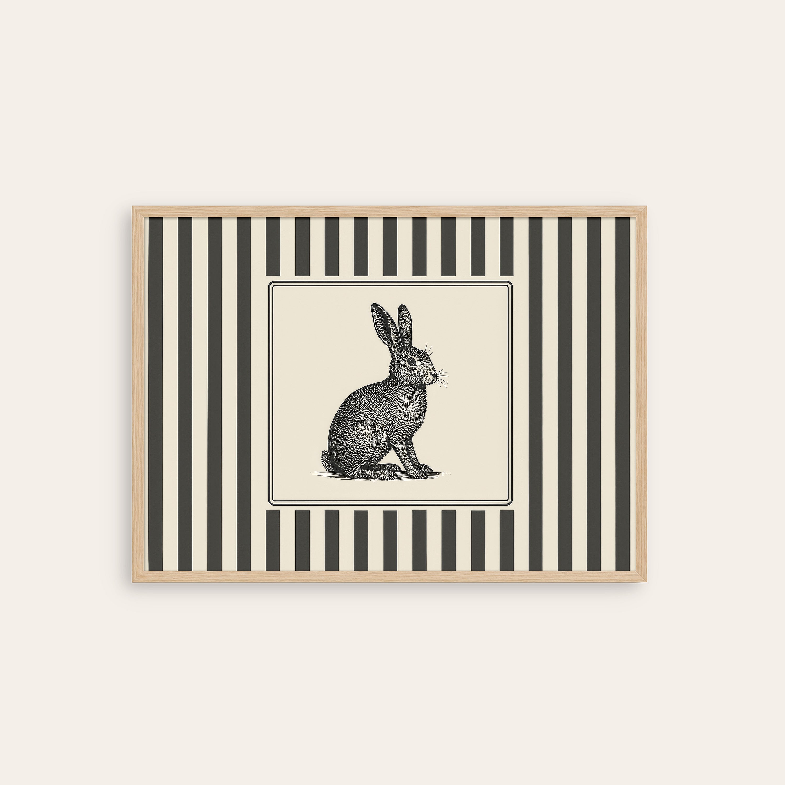 Ticking Stripe Rabbit — Engraving Print – natural wood frame