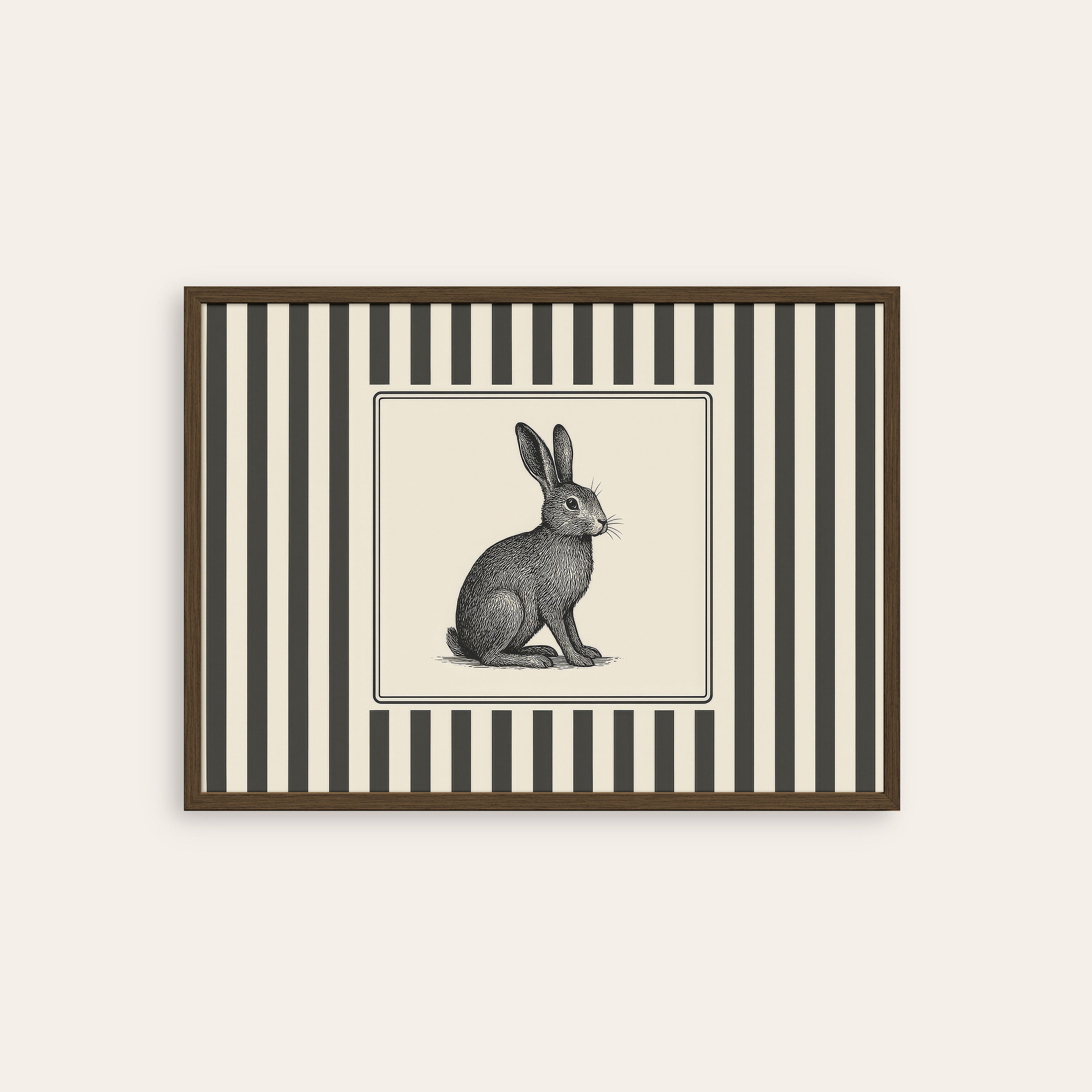 Ticking Stripe Rabbit — Engraving Print – dark wood frame
