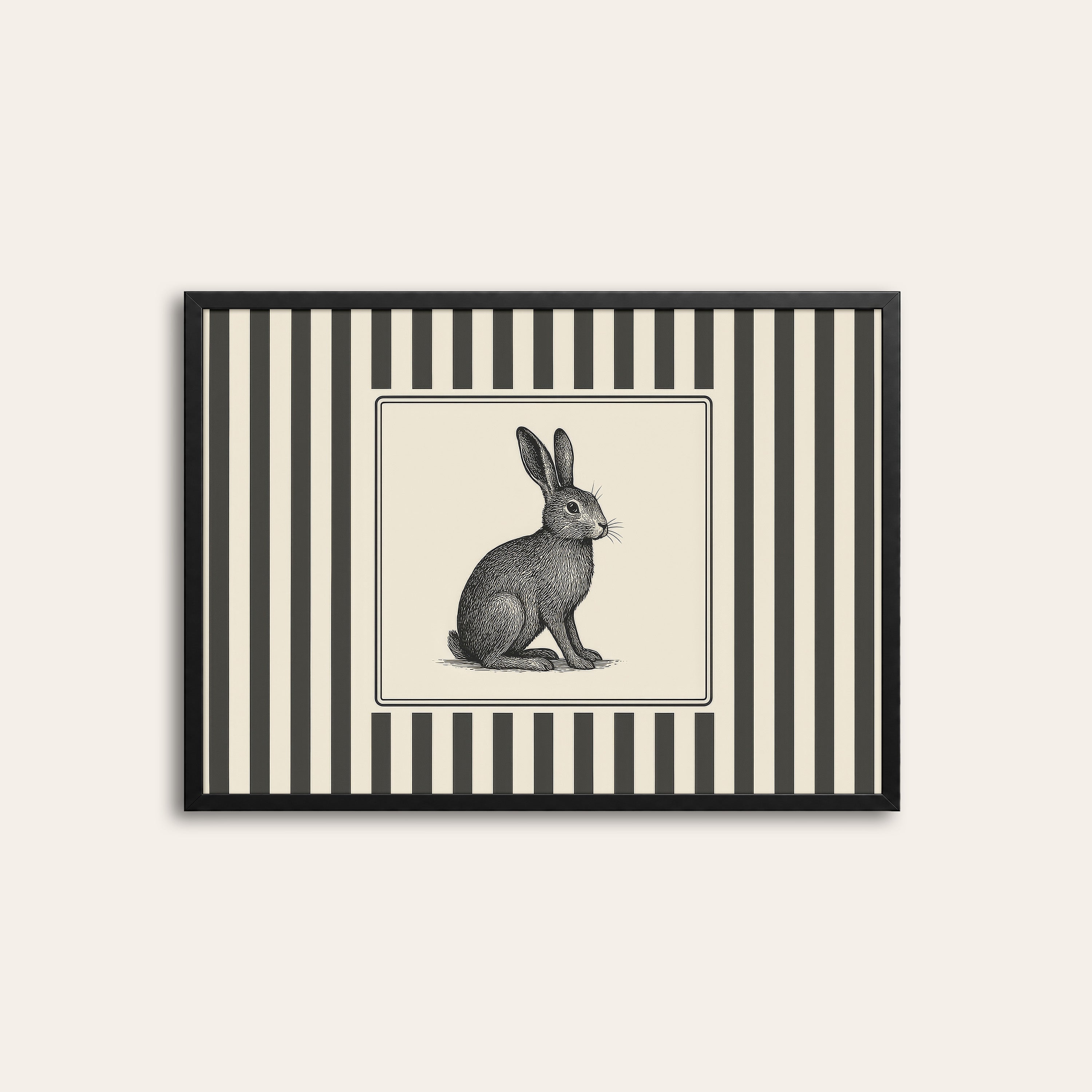 Ticking Stripe Rabbit — Engraving Print – black frame