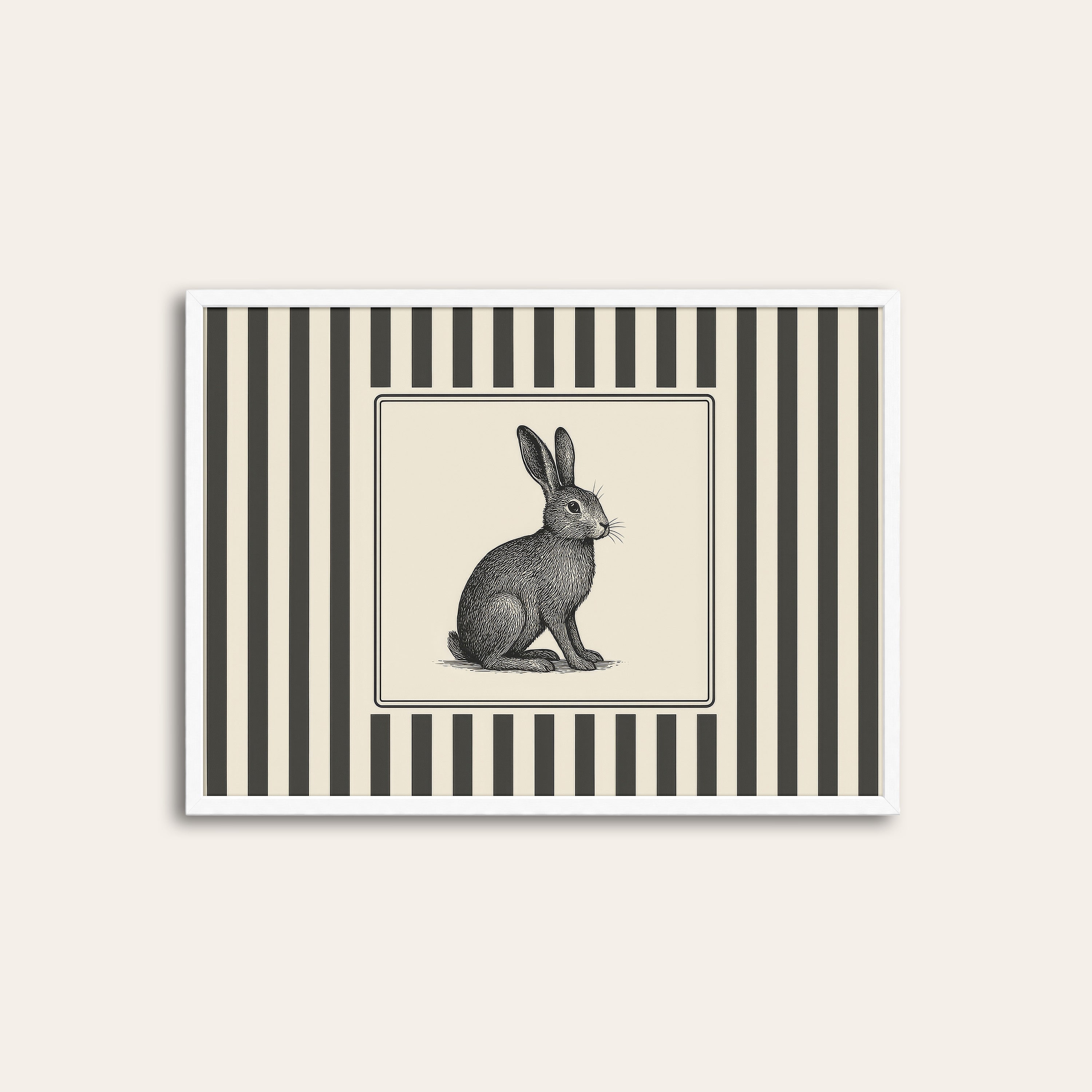 Ticking Stripe Rabbit — Engraving Print – white frame