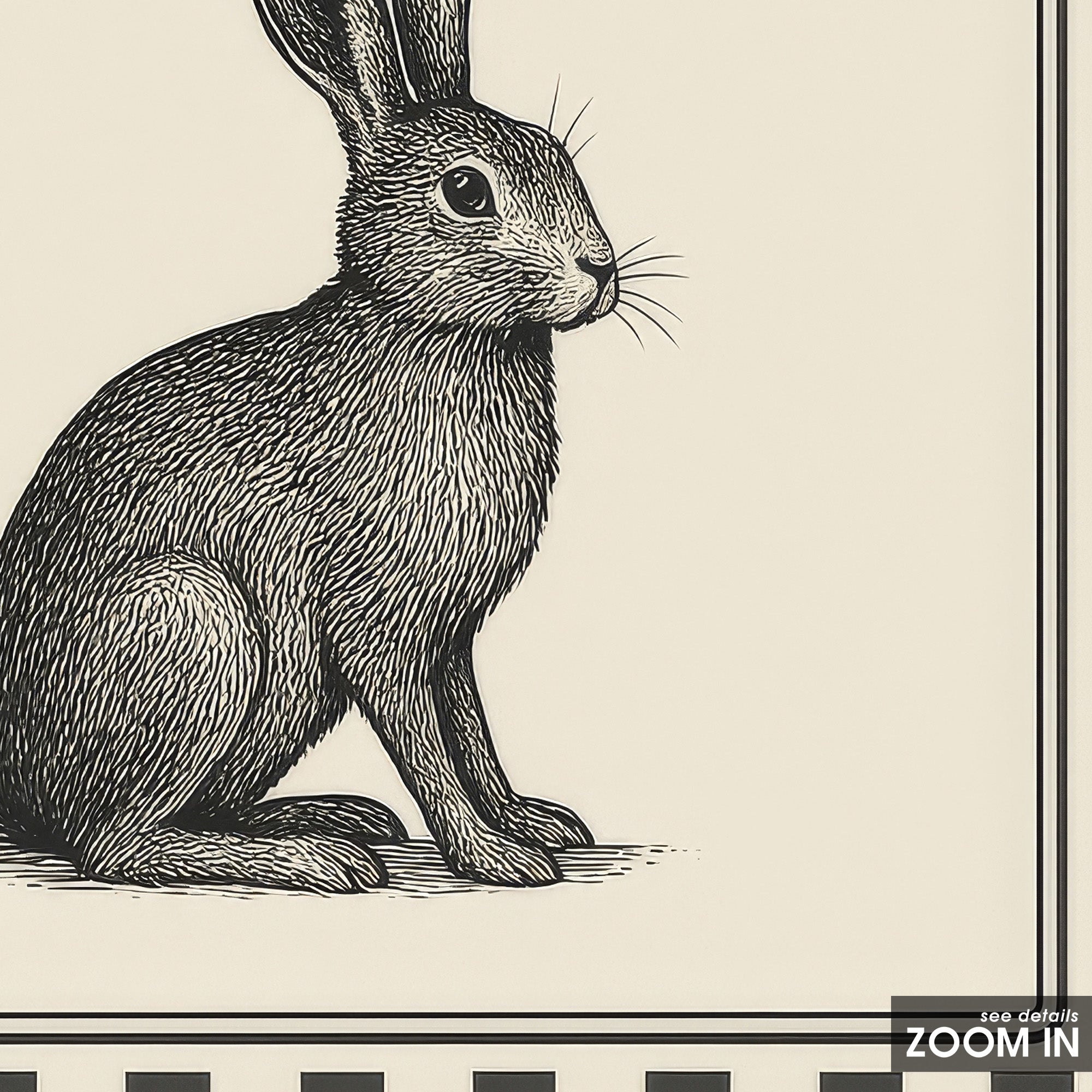 Ticking Stripe Rabbit — Engraving Print – in room setting