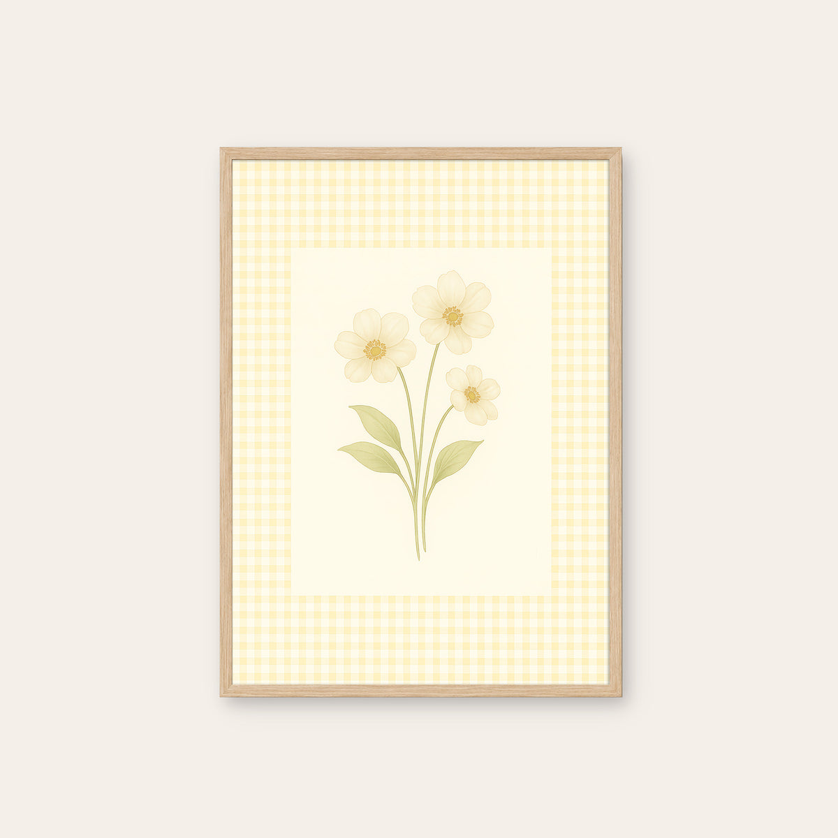 Sunshine Check - Yellow Floral Print - natural wood frame
