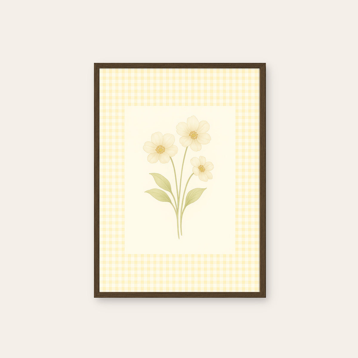 Sunshine Check - Yellow Floral Print - dark wood frame