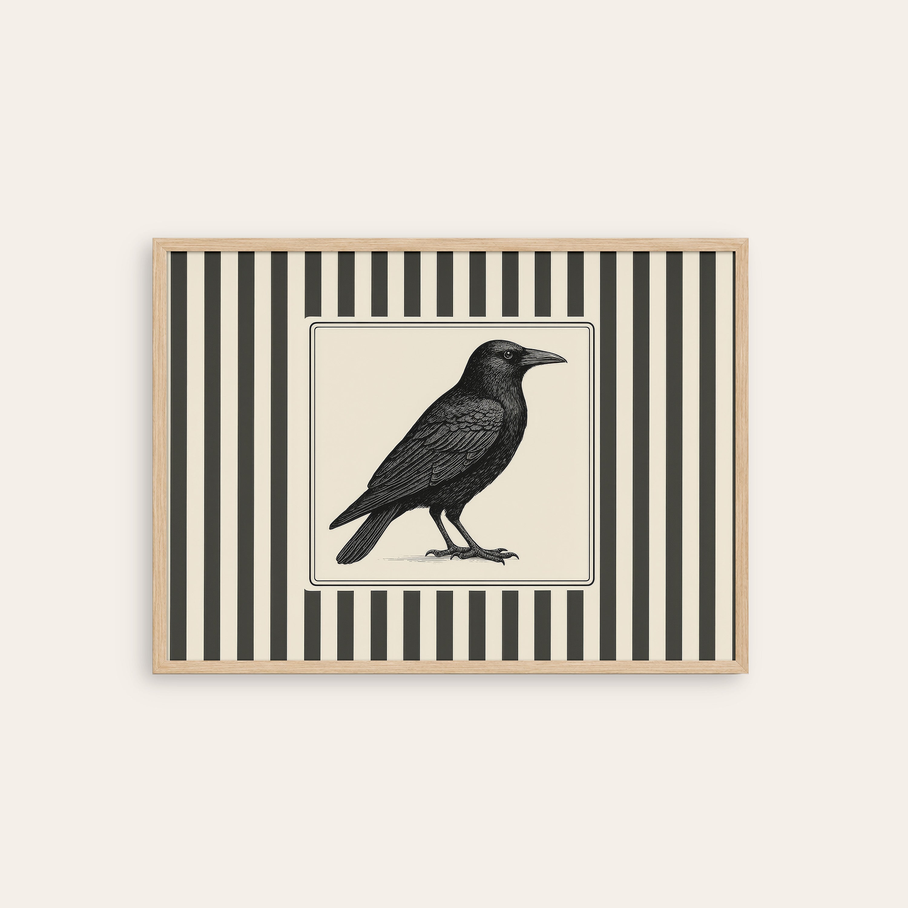 Ticking Stripe Raven — Engraving Print – natural wood frame
