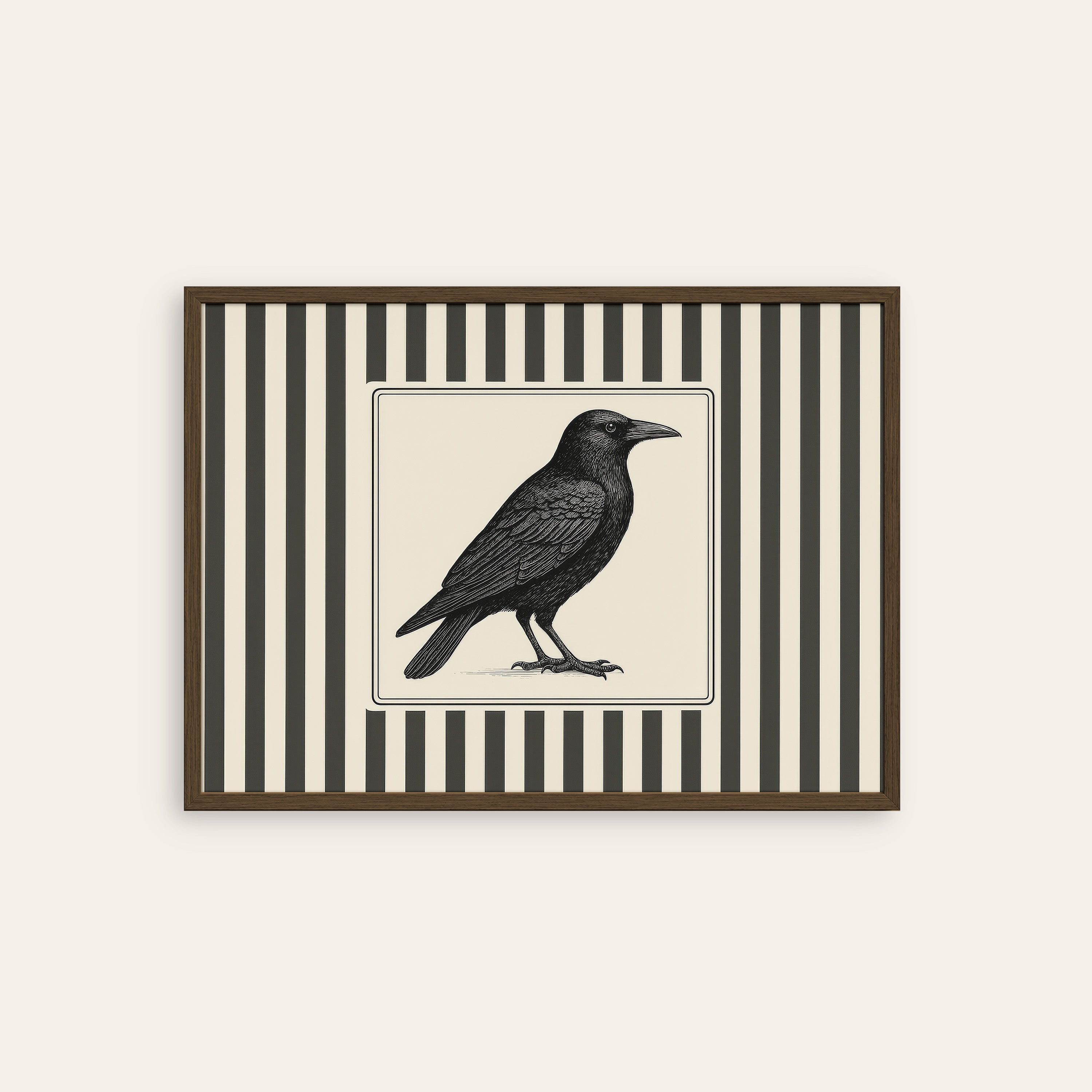 Ticking Stripe Raven — Engraving Print – dark wood frame
