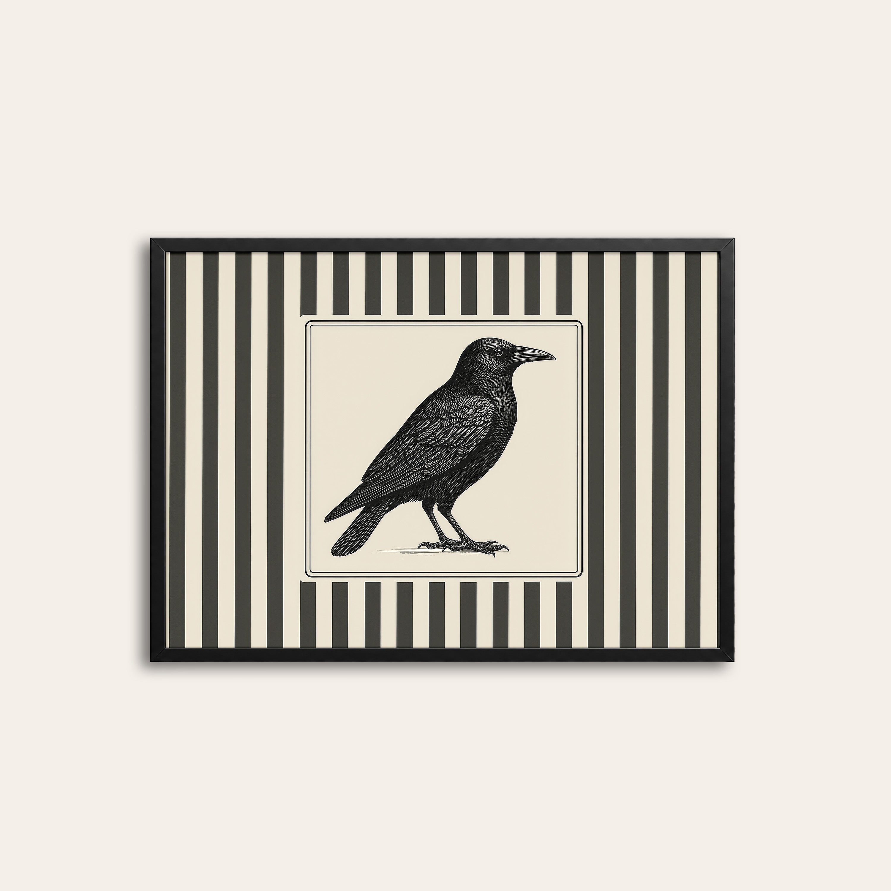 Ticking Stripe Raven — Engraving Print – black frame