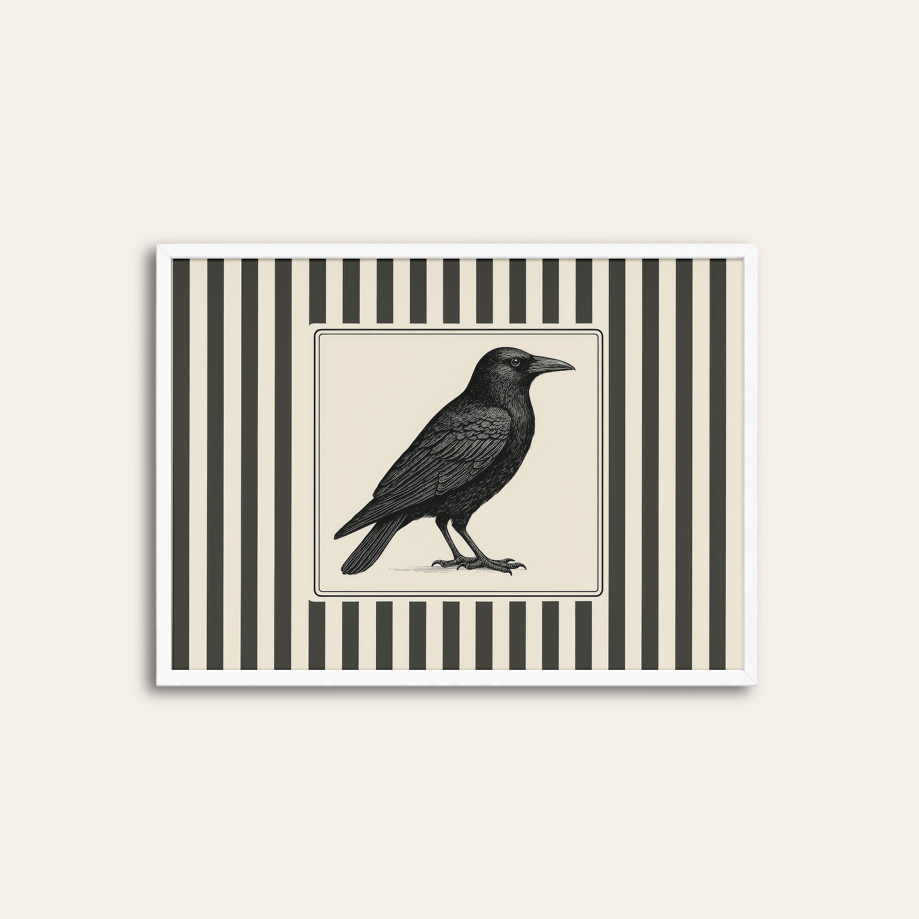 Ticking Stripe Raven — Engraving Print – white frame
