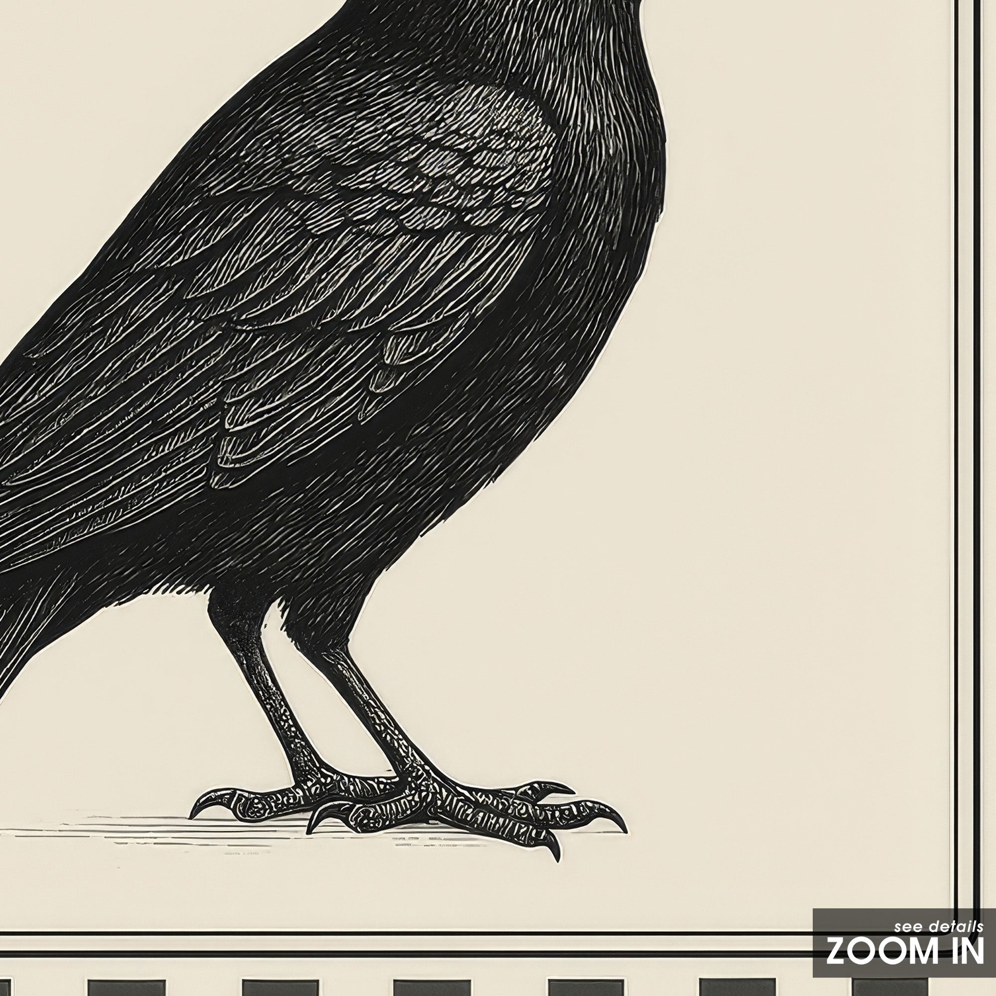 Ticking Stripe Raven — Engraving Print – in room setting