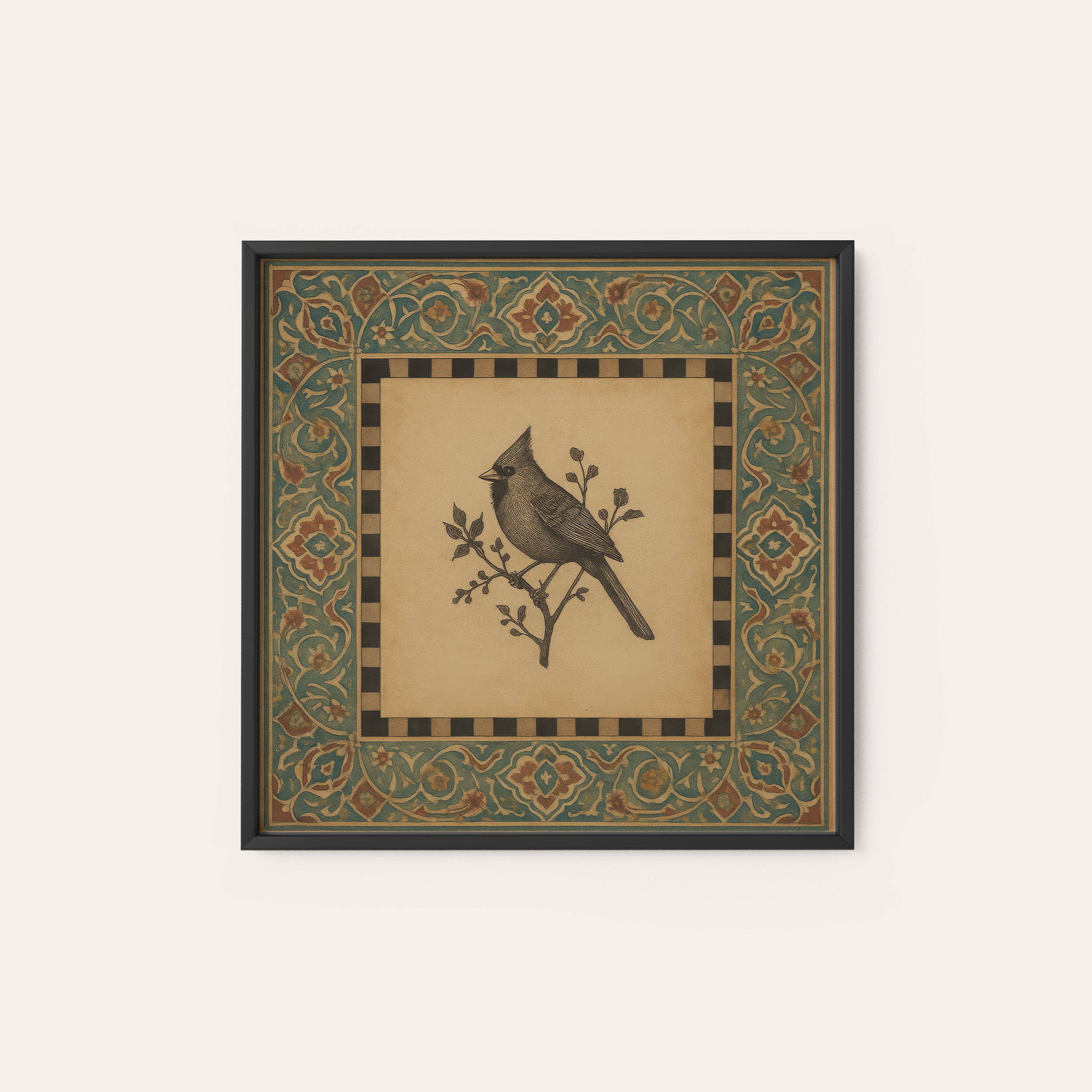 Folk Cardinal — Ornate Frame Print – black frame