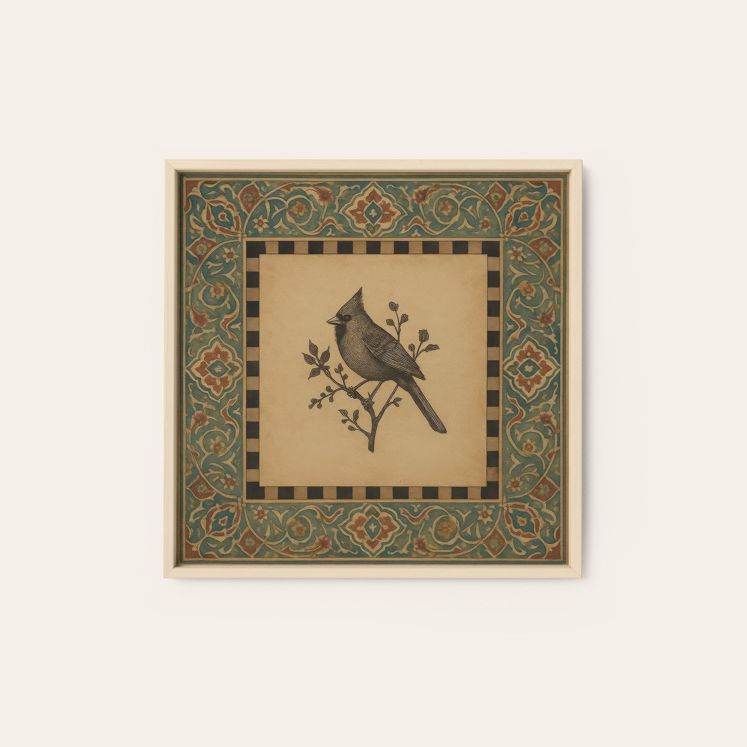 Folk Cardinal — Ornate Frame Print – natural wood frame