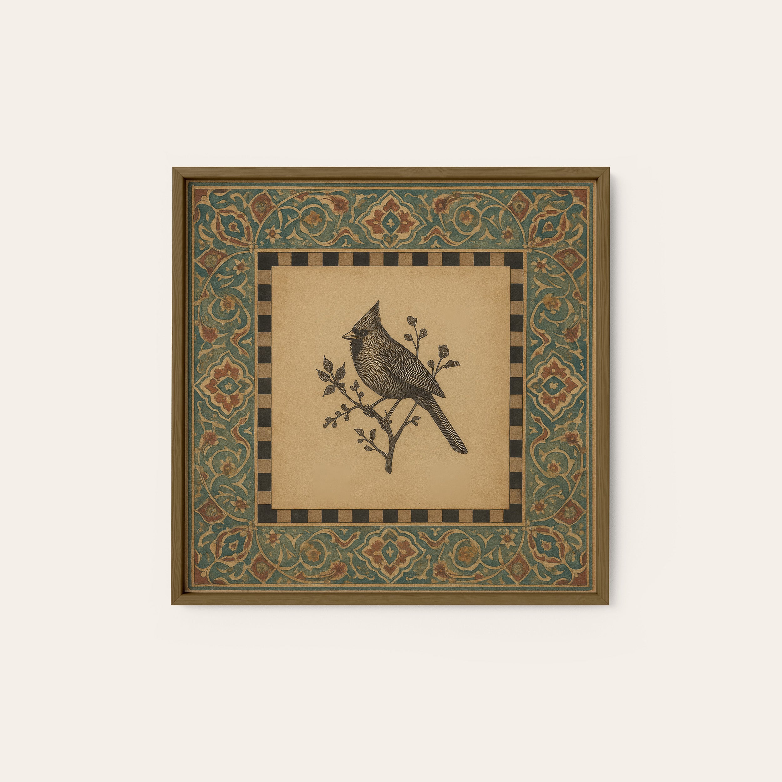 Folk Cardinal — Ornate Frame Print – dark wood frame
