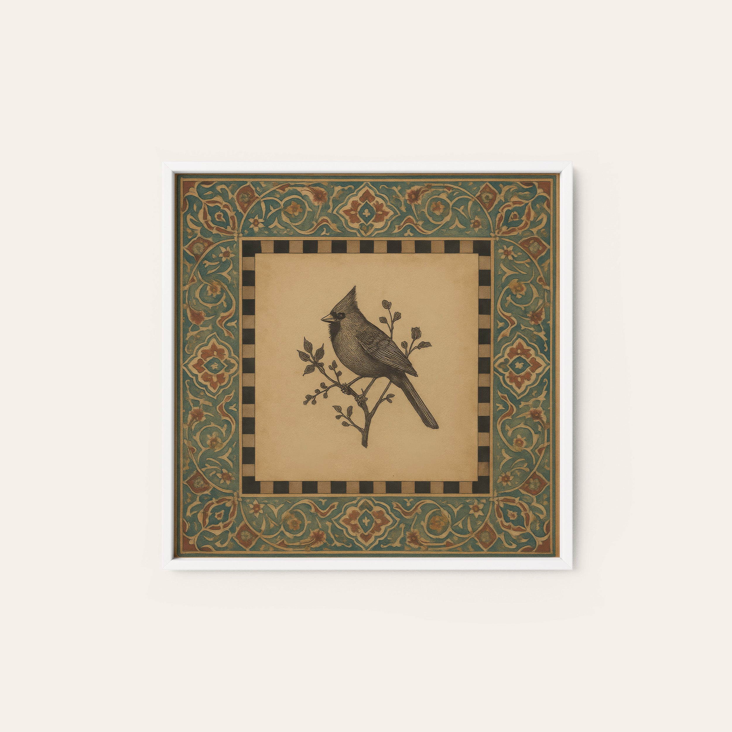 Folk Cardinal — Ornate Frame Print – white frame