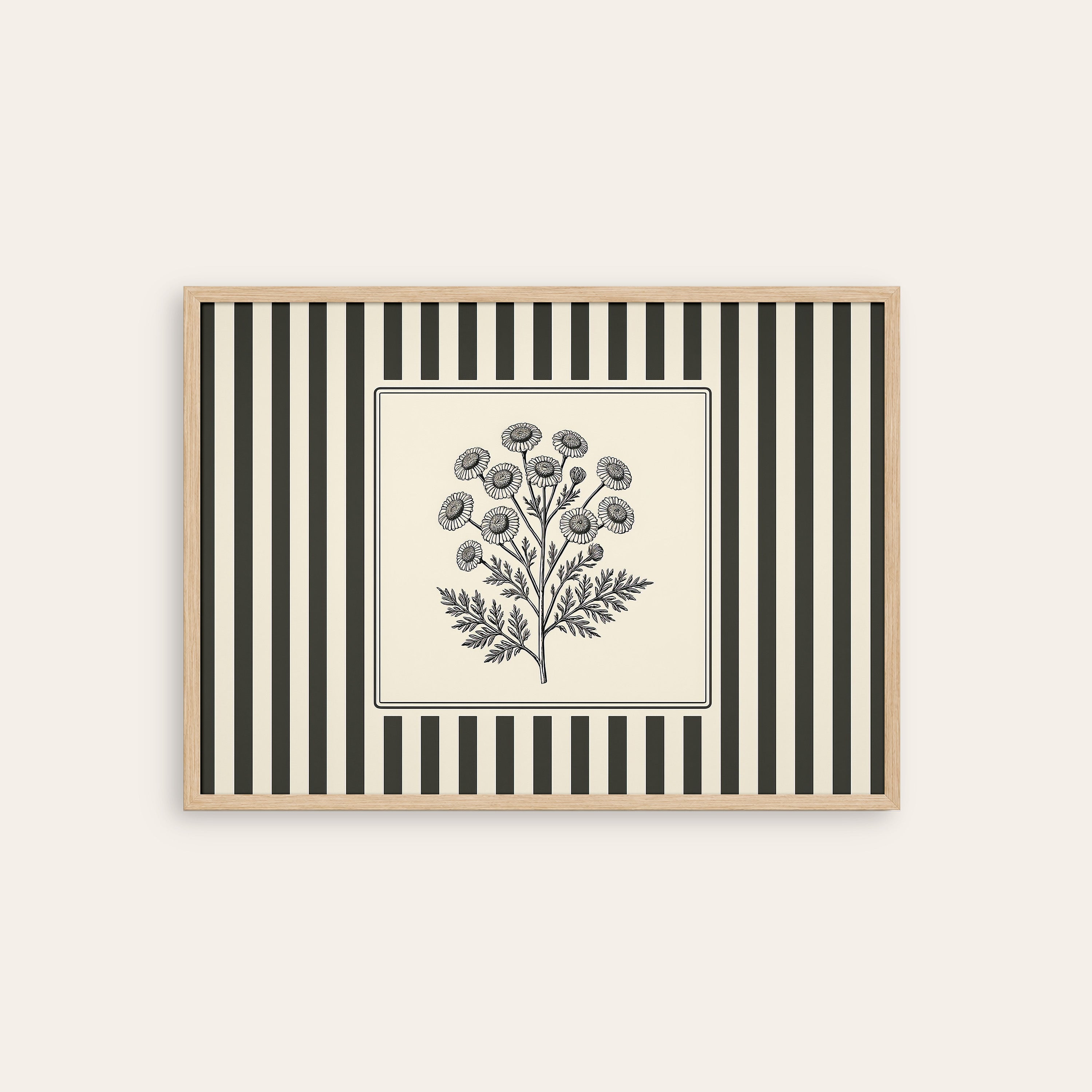 Ticking Stripe Thistle — Botanical Print – natural wood frame