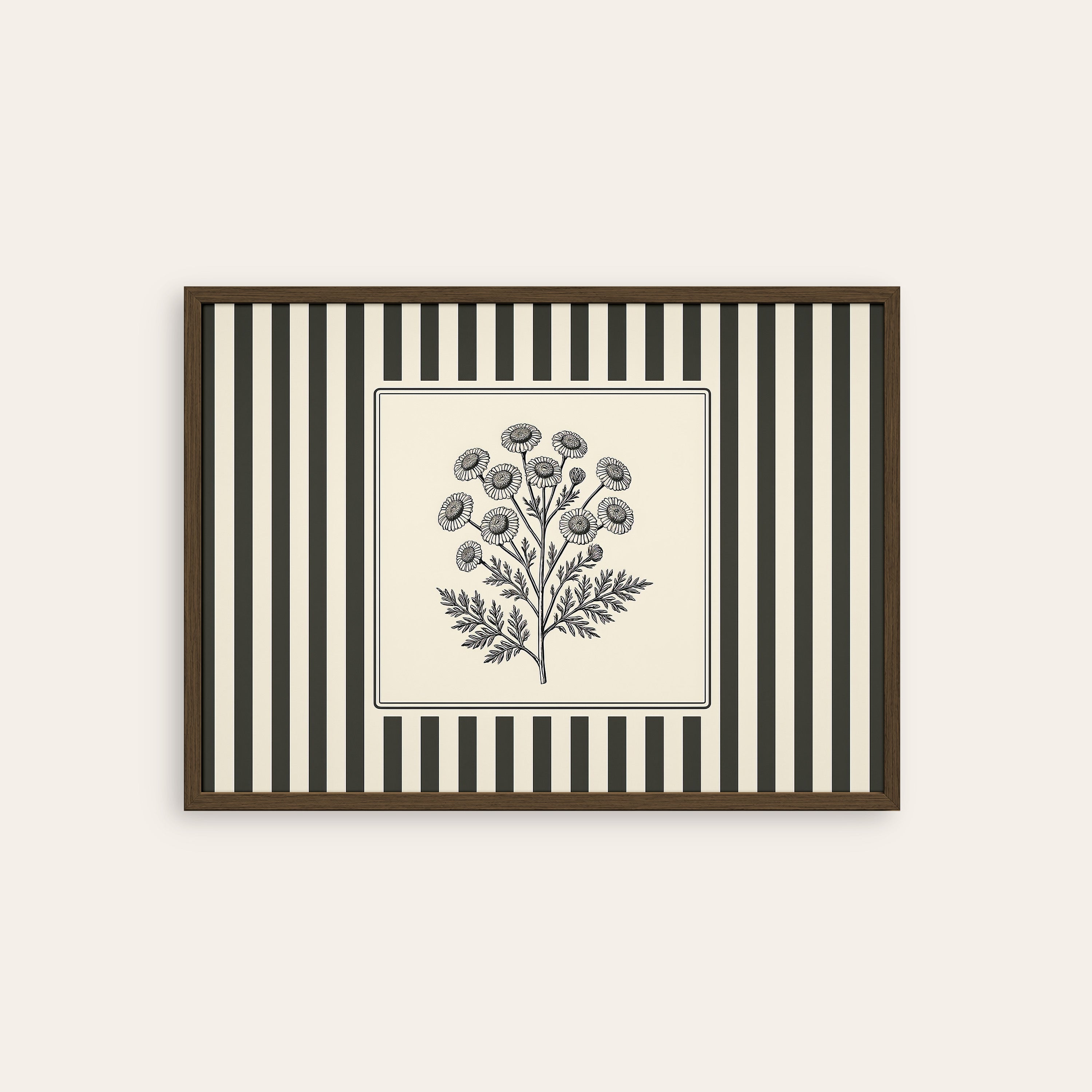Ticking Stripe Thistle — Botanical Print – dark wood frame
