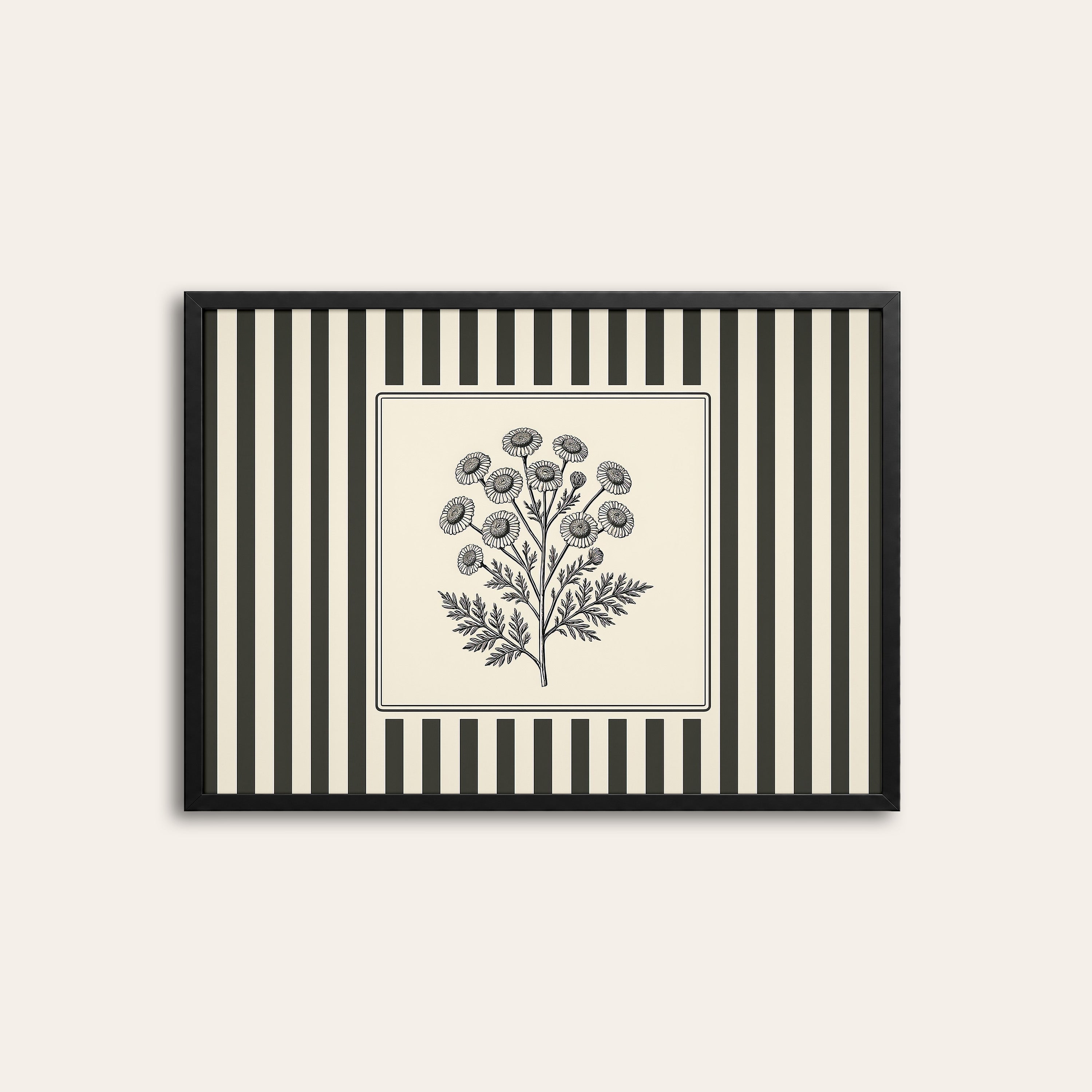 Ticking Stripe Thistle — Botanical Print – black frame