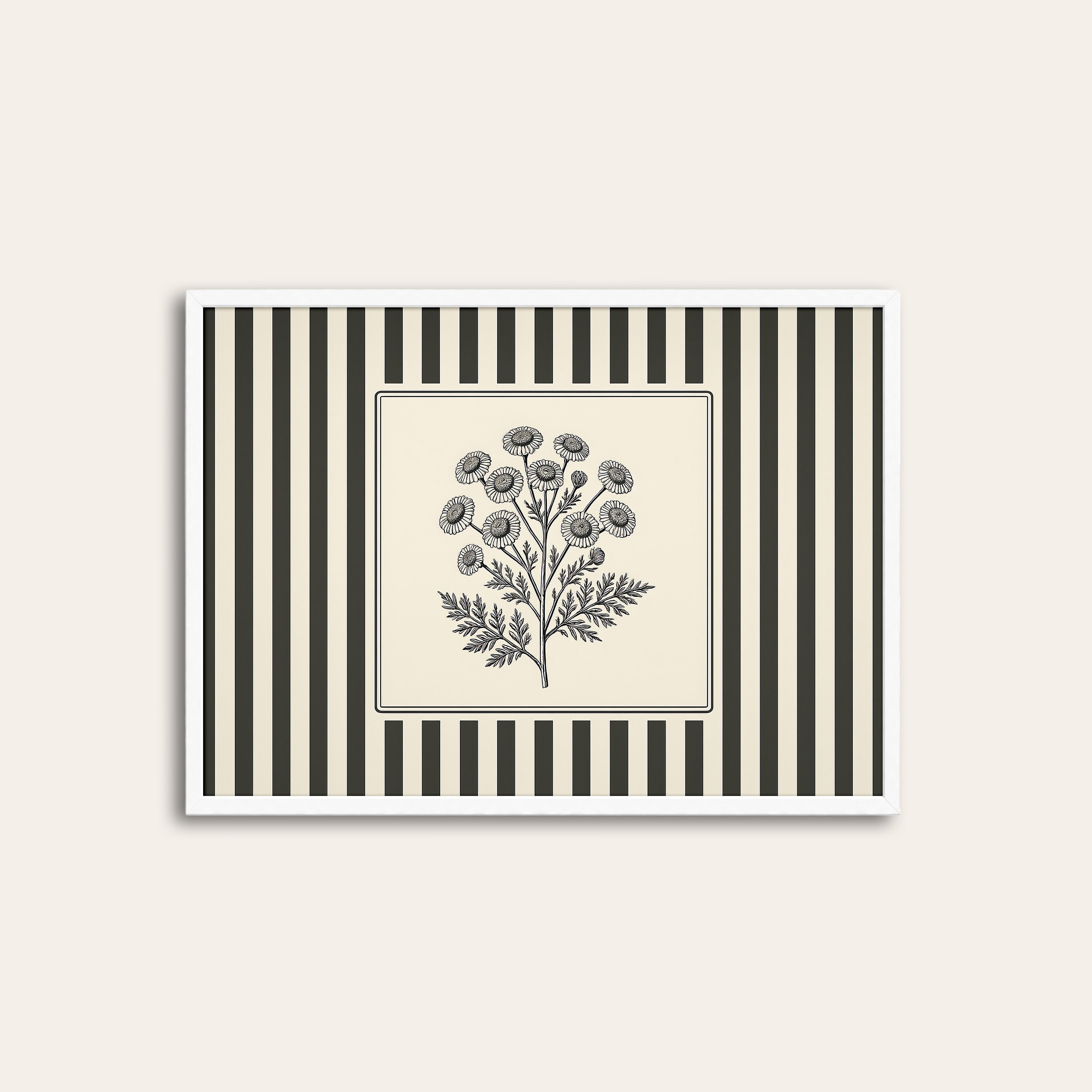 Ticking Stripe Thistle — Botanical Print – white frame