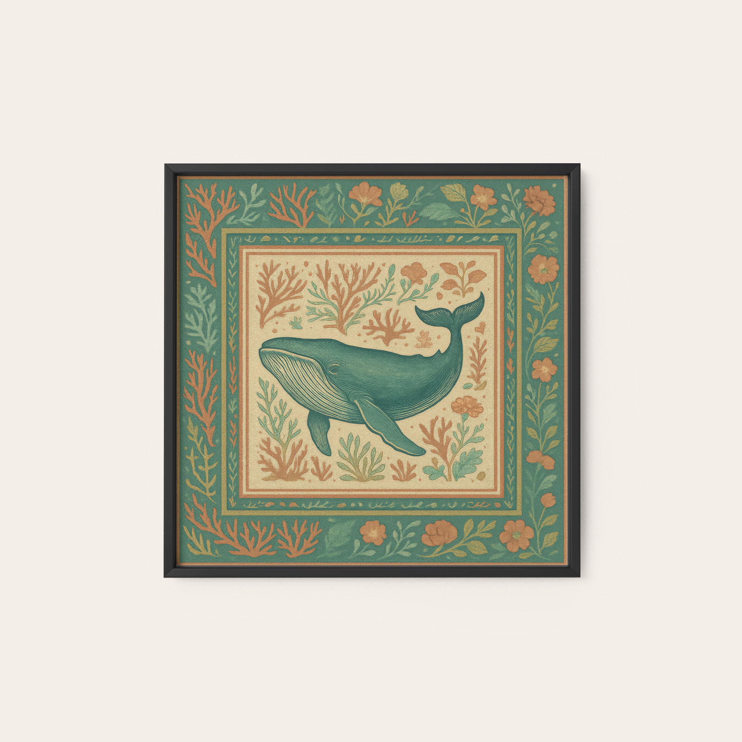 Folk Whale — Coral Garden Print – black frame