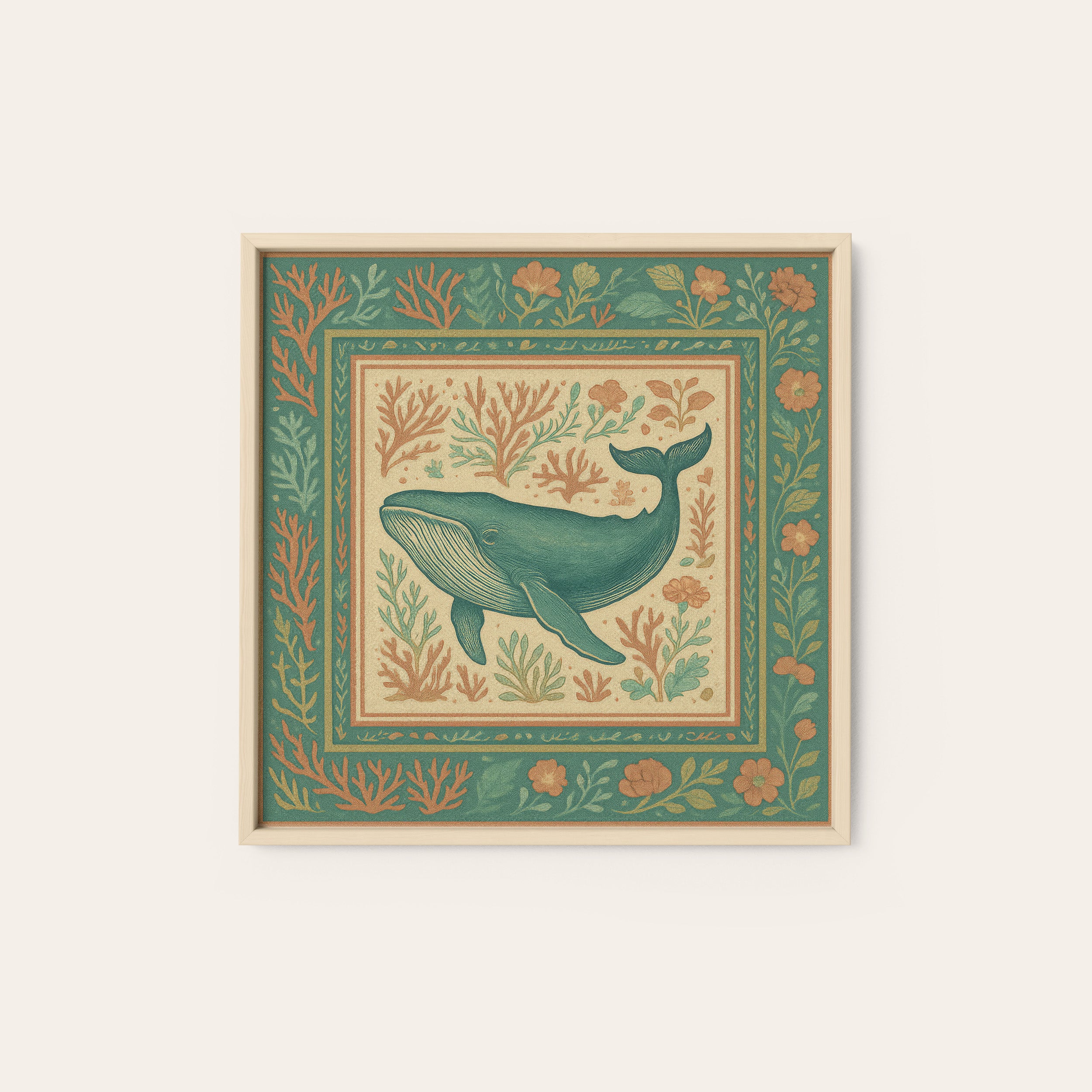 Folk Whale — Coral Garden Print – natural wood frame