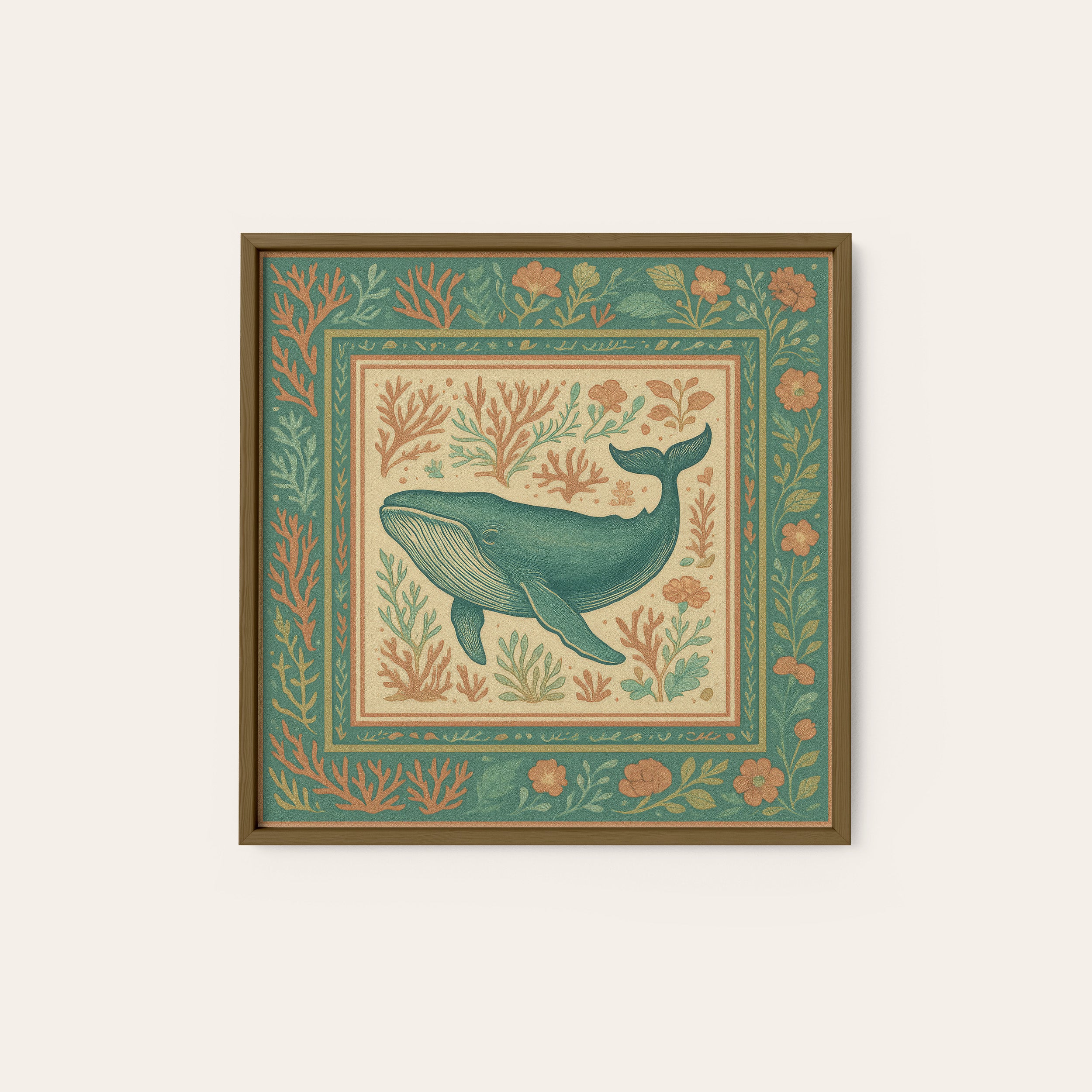 Folk Whale — Coral Garden Print – dark wood frame