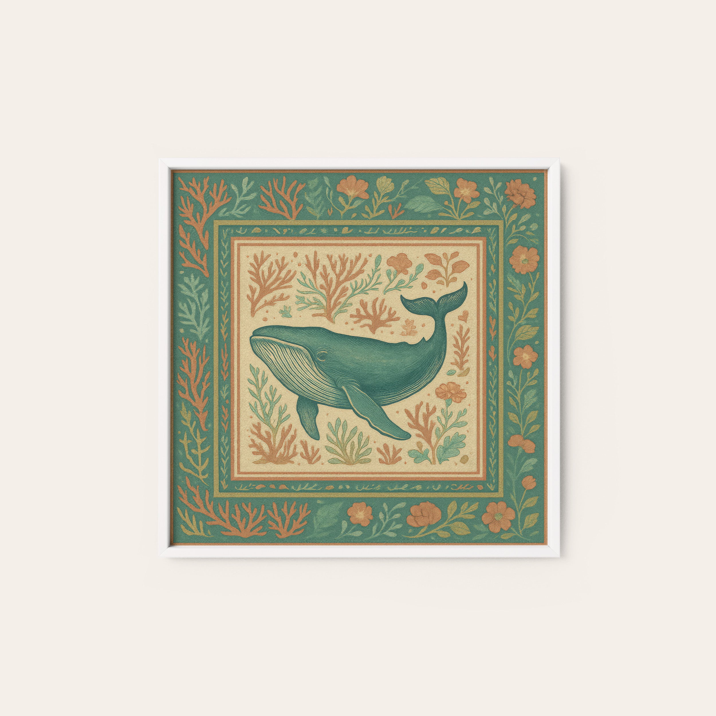 Folk Whale — Coral Garden Print – white frame