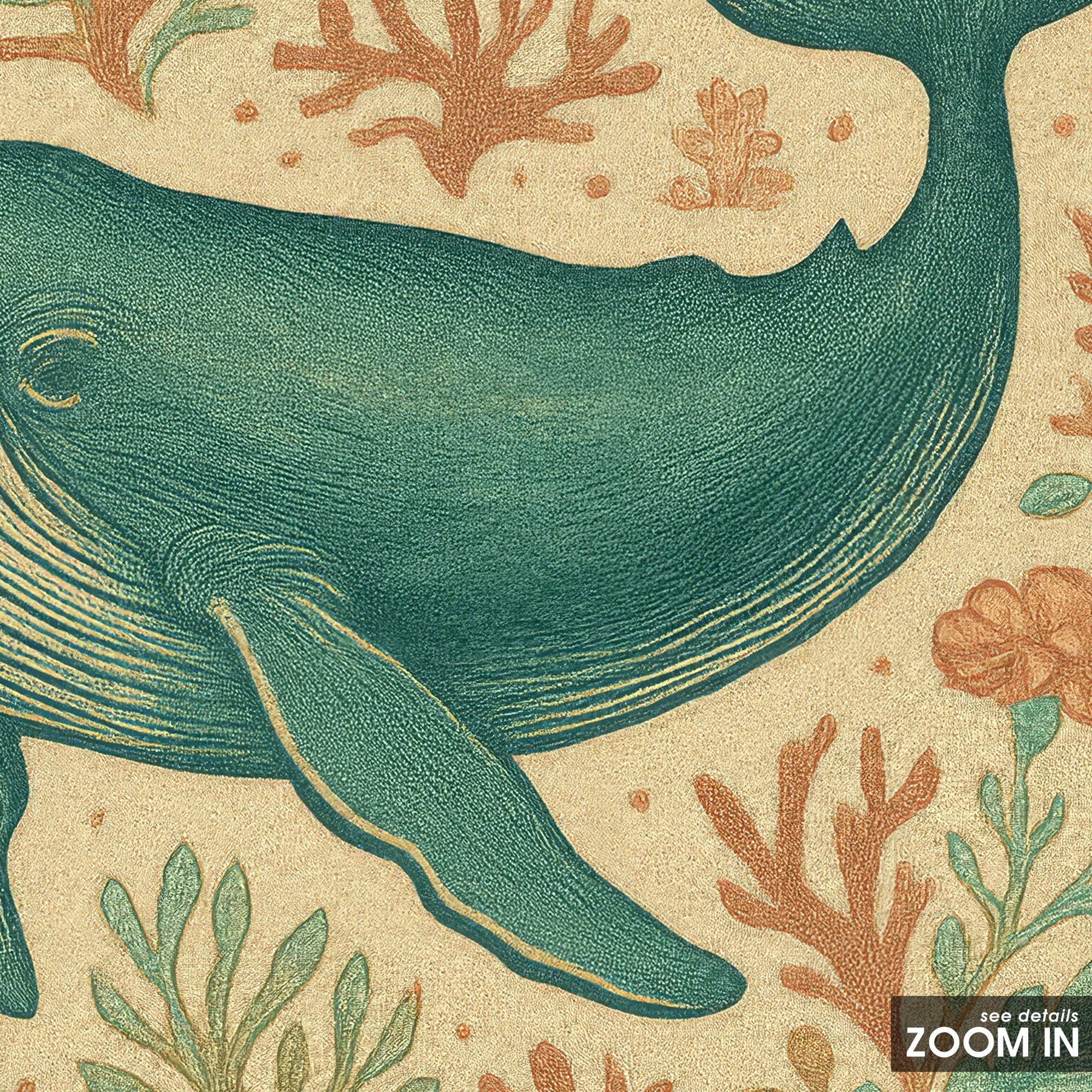 Folk Whale — Coral Garden Print – detail closeup