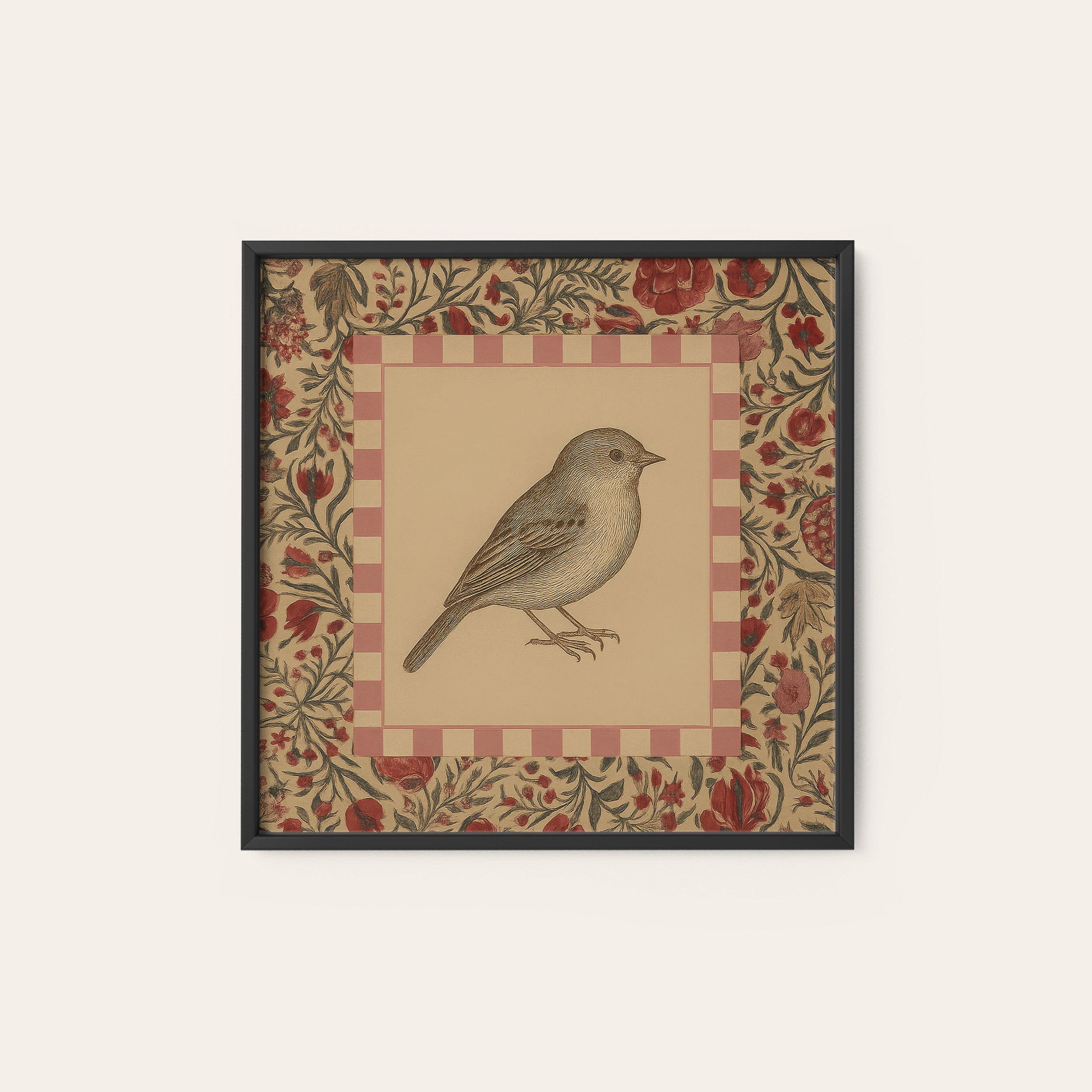 Folk Sparrow — Rose Frame Print – black frame
