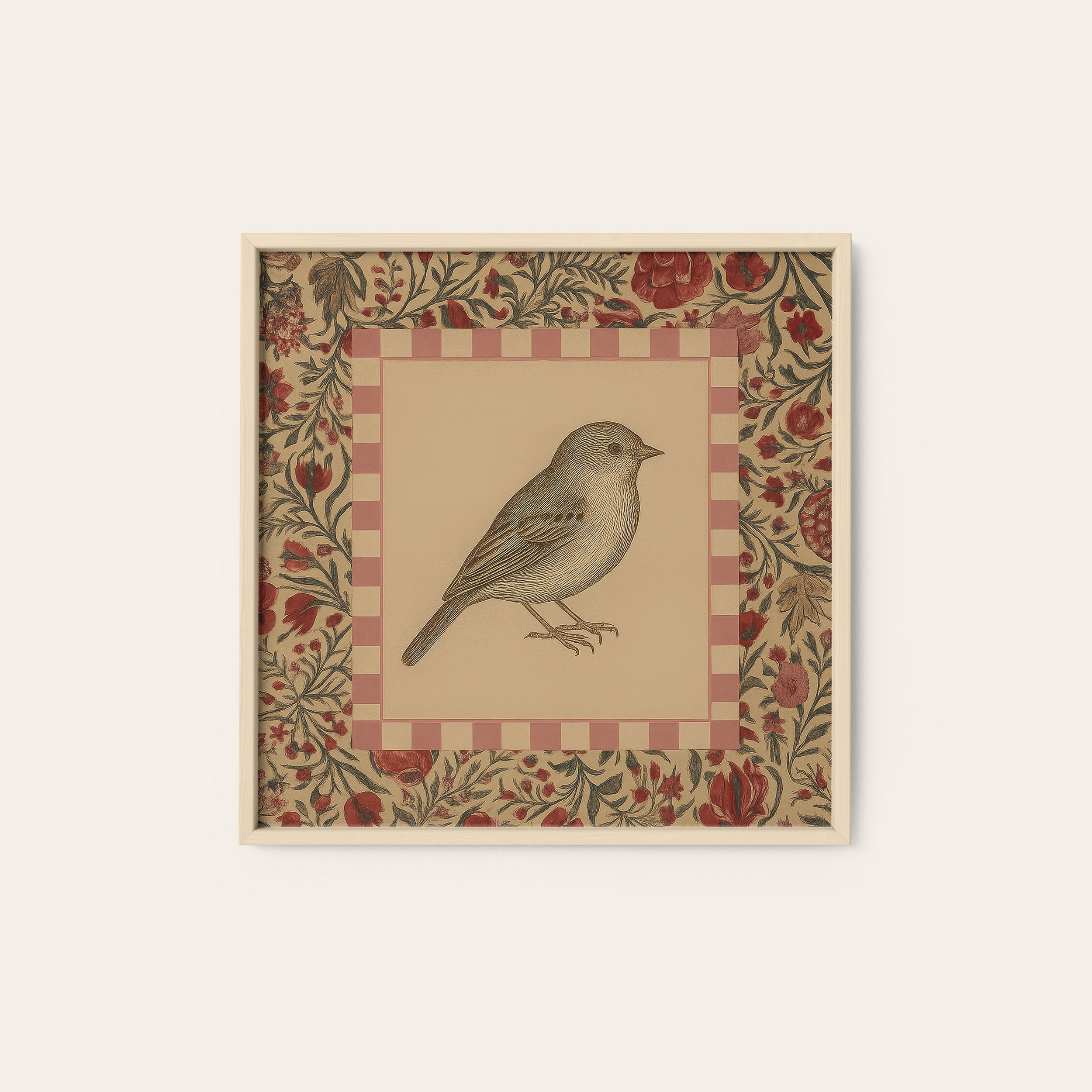 Folk Sparrow — Rose Frame Print – natural wood frame