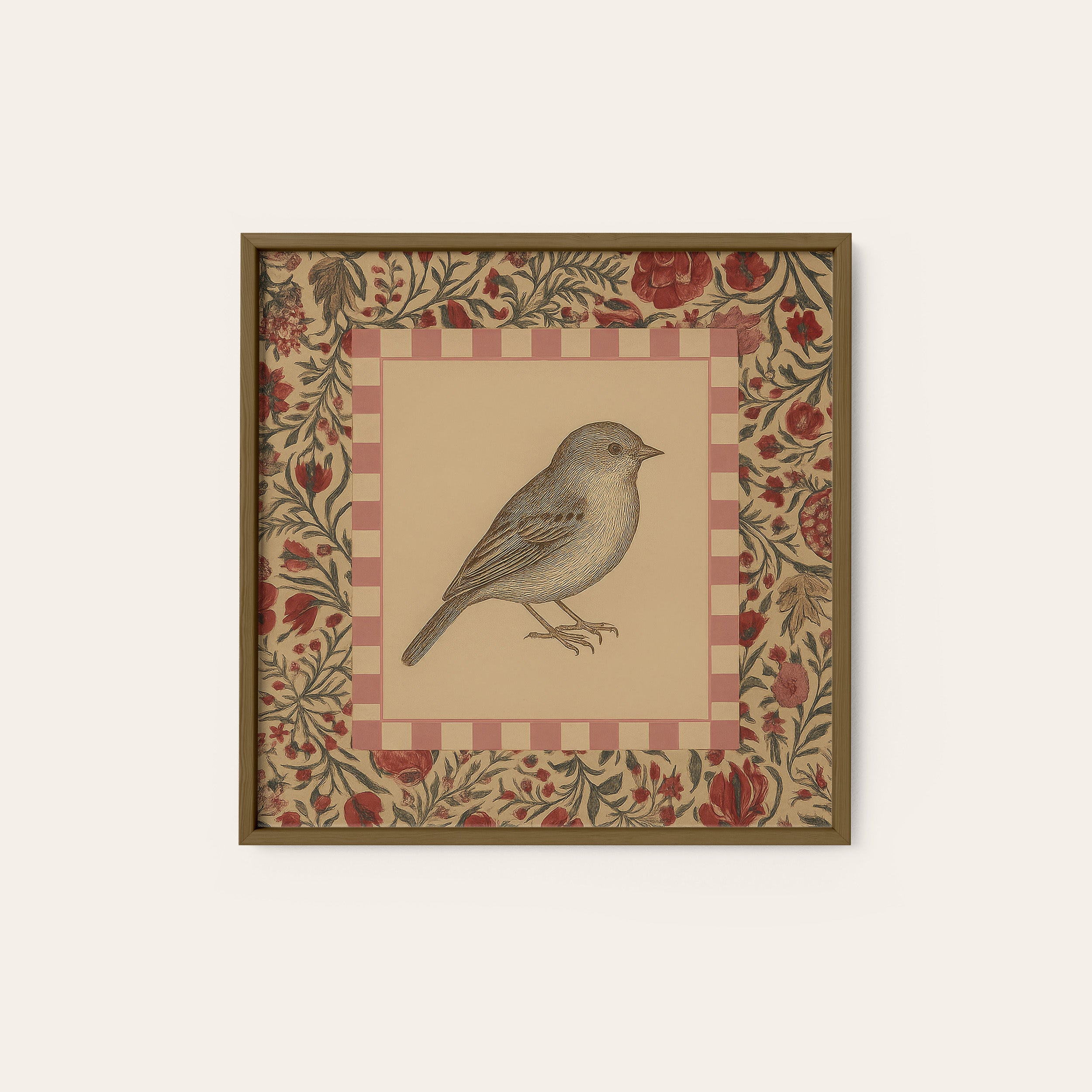 Folk Sparrow — Rose Frame Print – dark wood frame