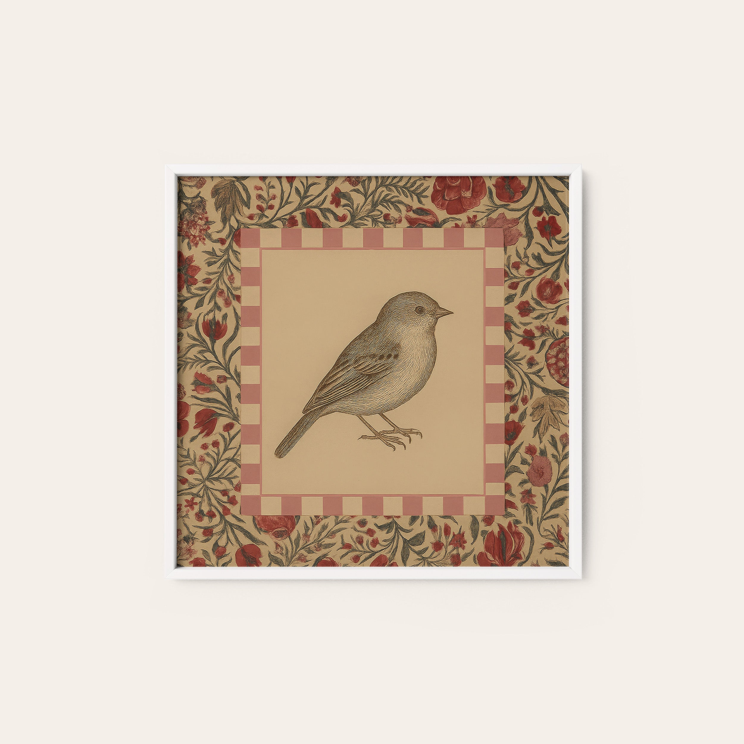 Folk Sparrow — Rose Frame Print – white frame