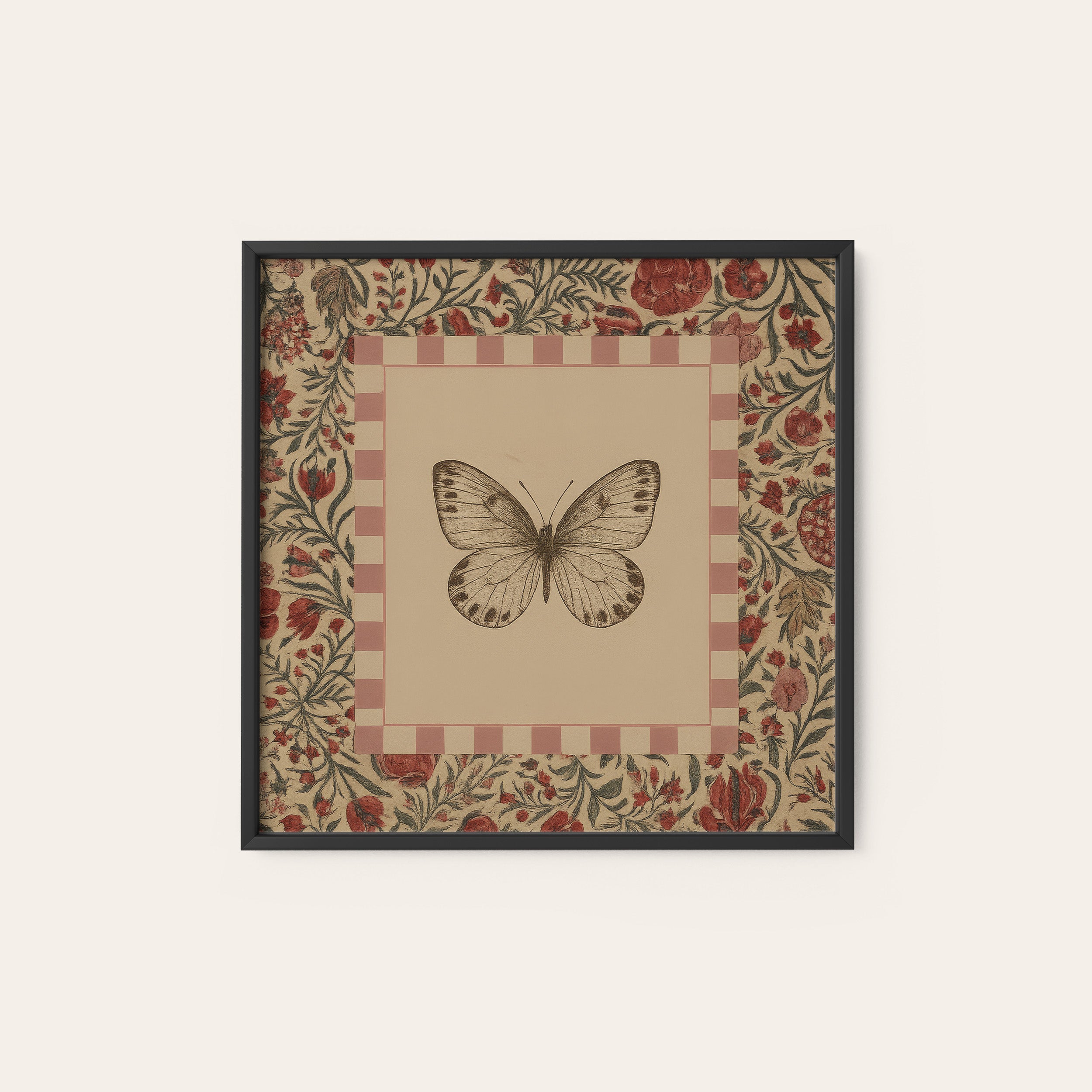 Folk Butterfly — Check Frame Print – black frame
