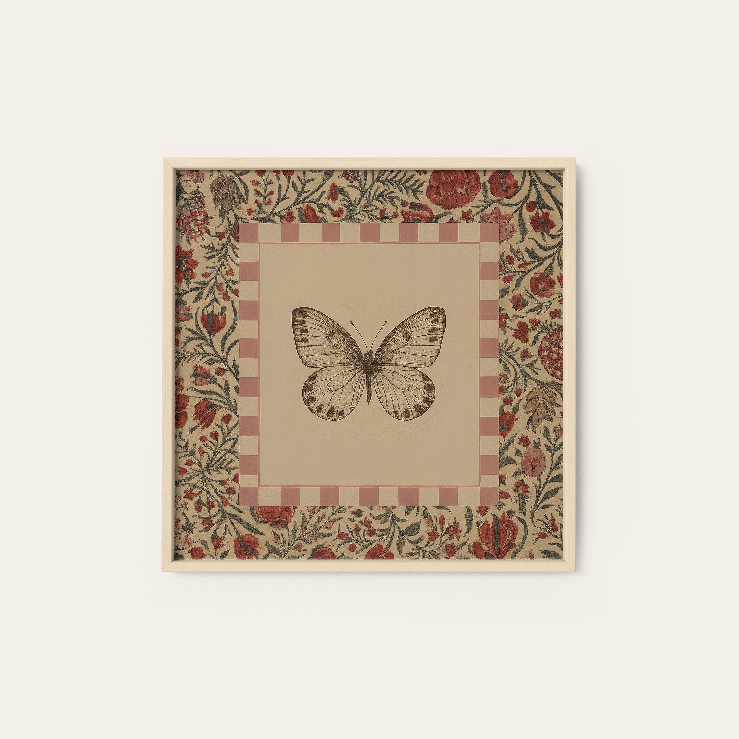 Folk Butterfly — Check Frame Print – natural wood frame