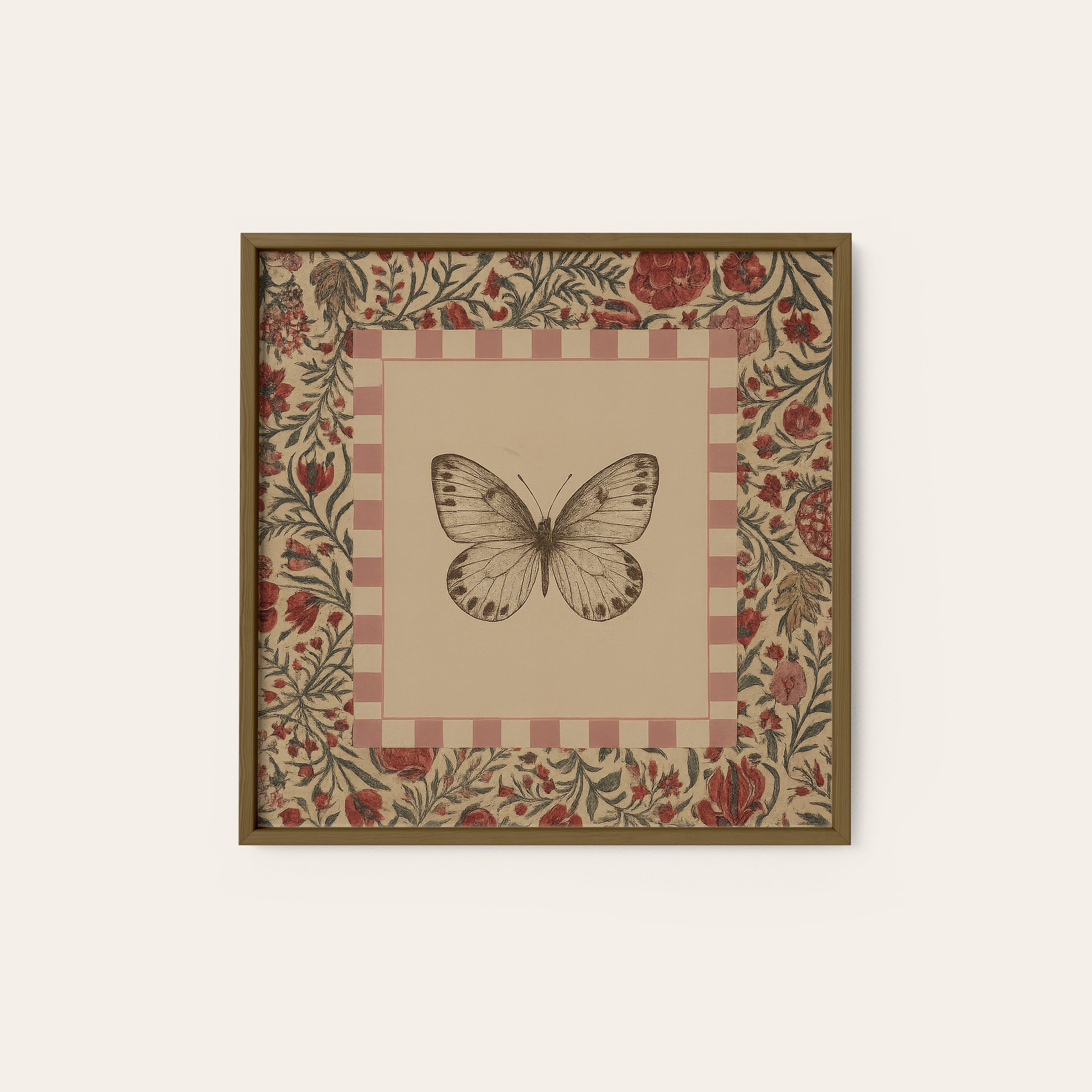 Folk Butterfly — Check Frame Print – dark wood frame