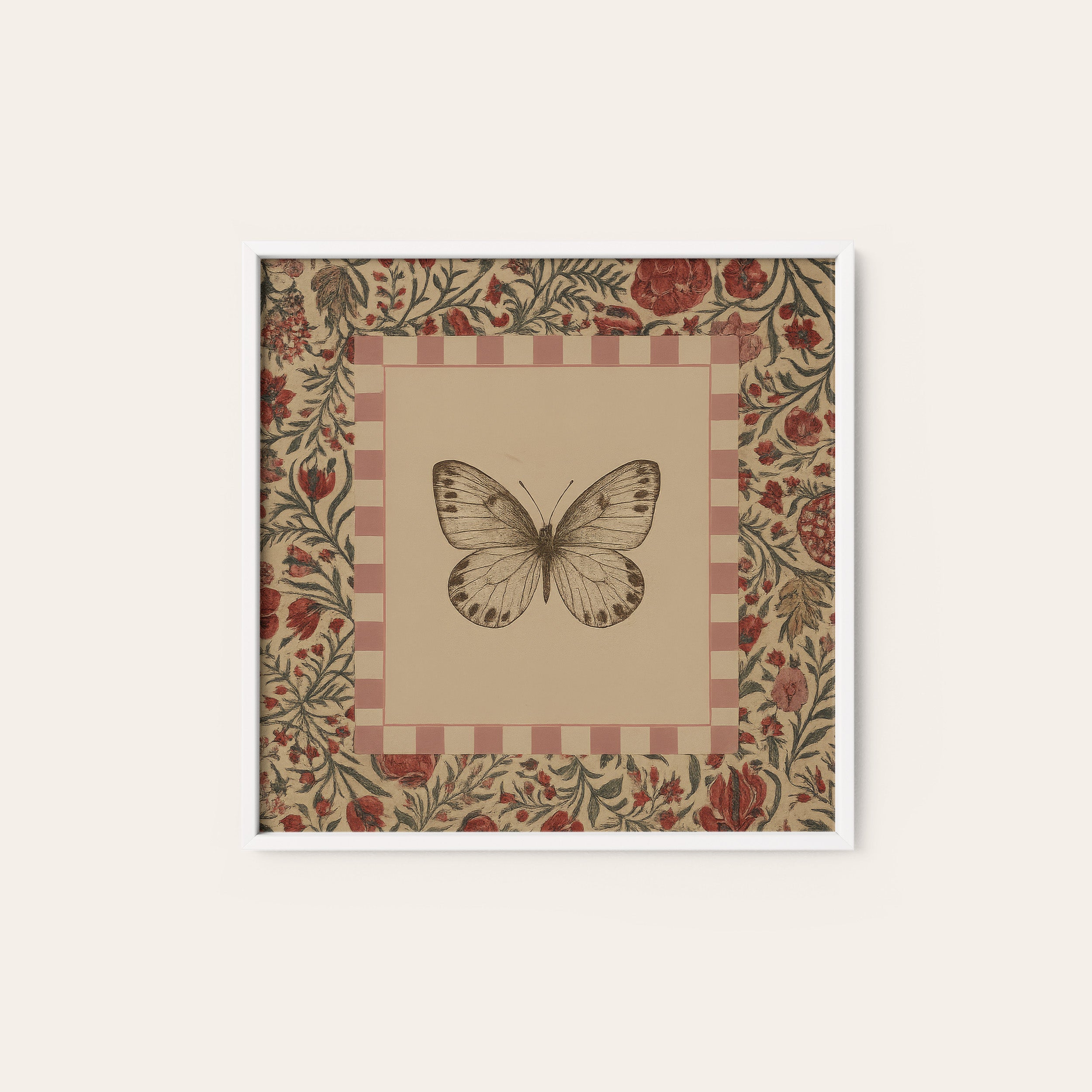 Folk Butterfly — Check Frame Print – white frame