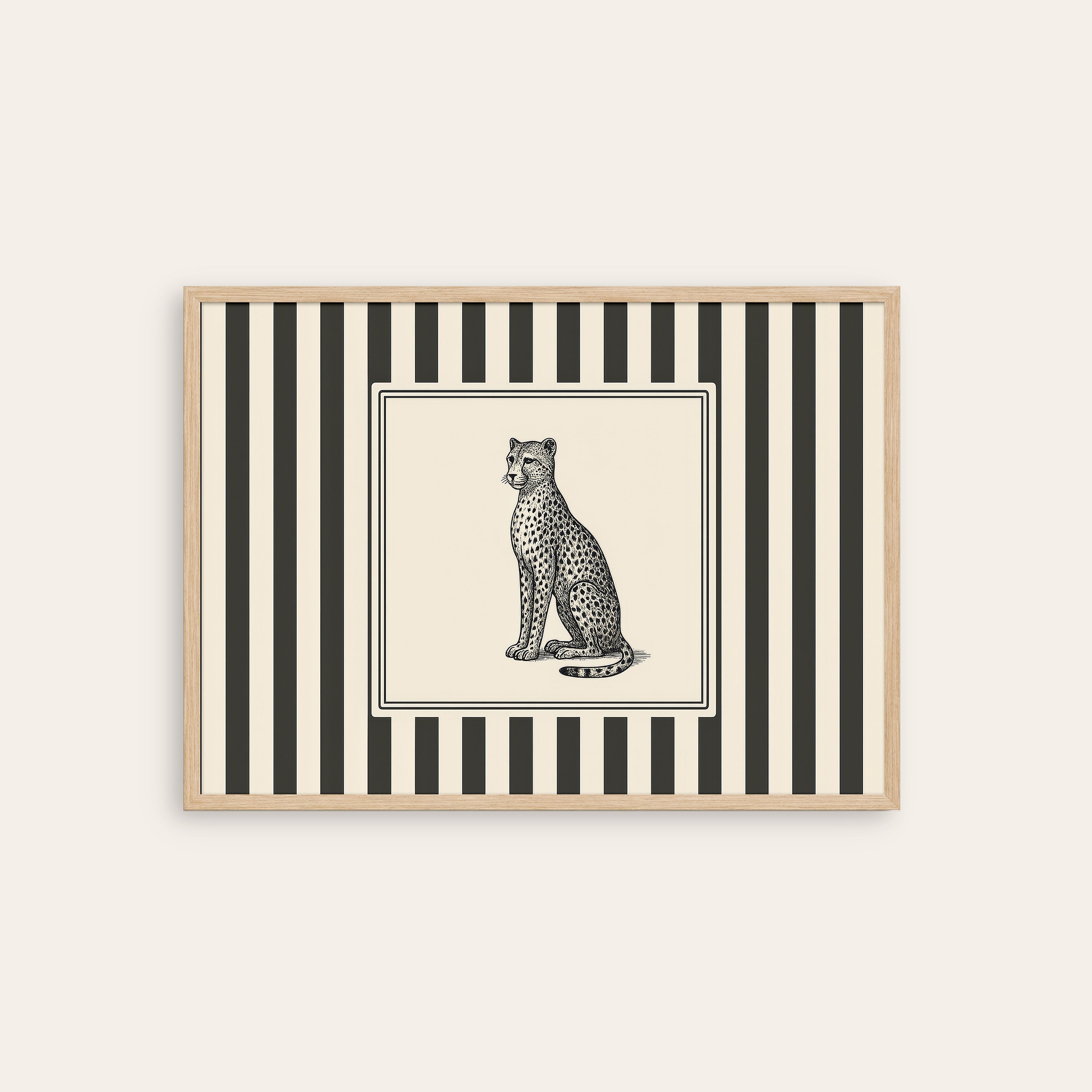 Ticking Stripe Cheetah — Engraving Print – natural wood frame