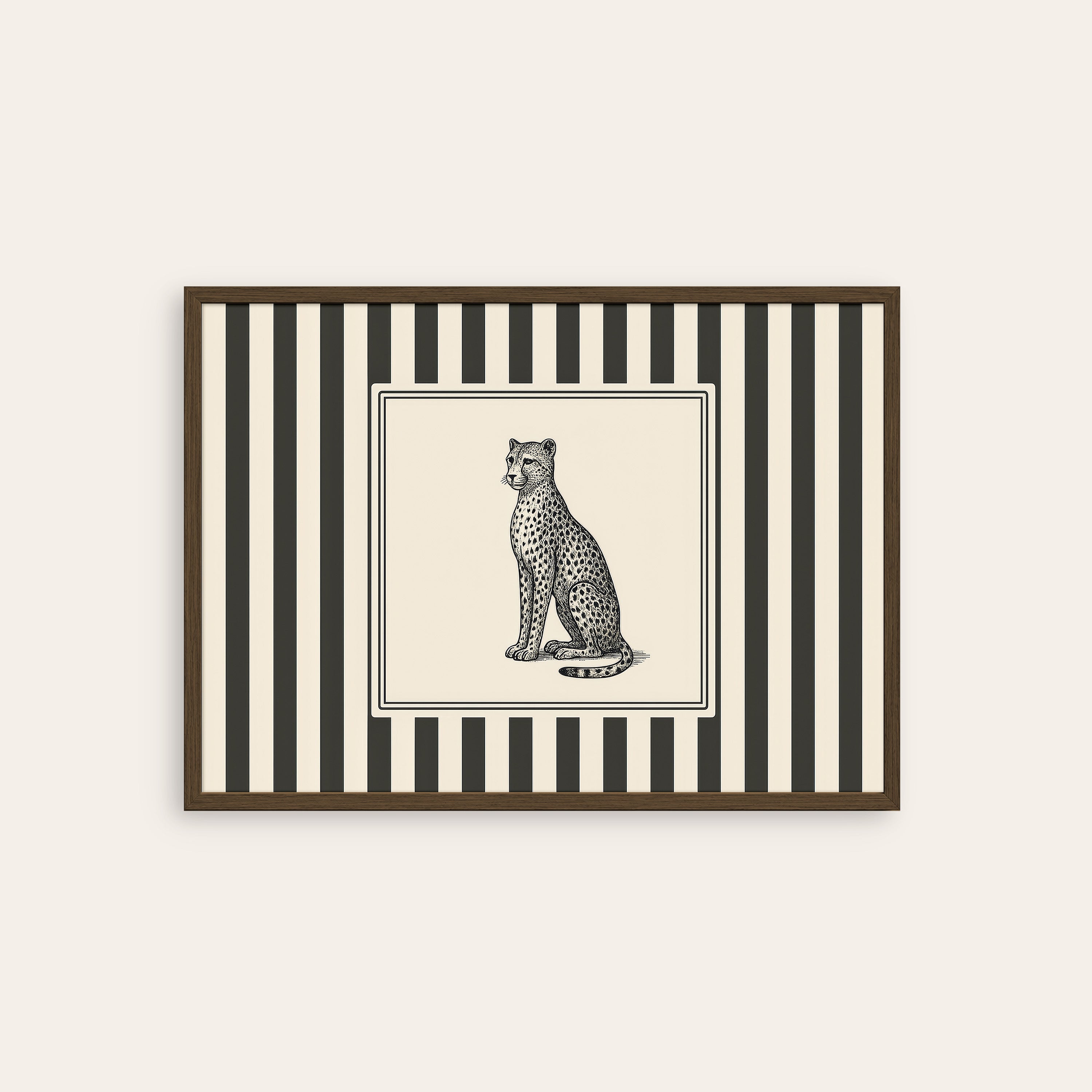 Ticking Stripe Cheetah — Engraving Print – dark wood frame