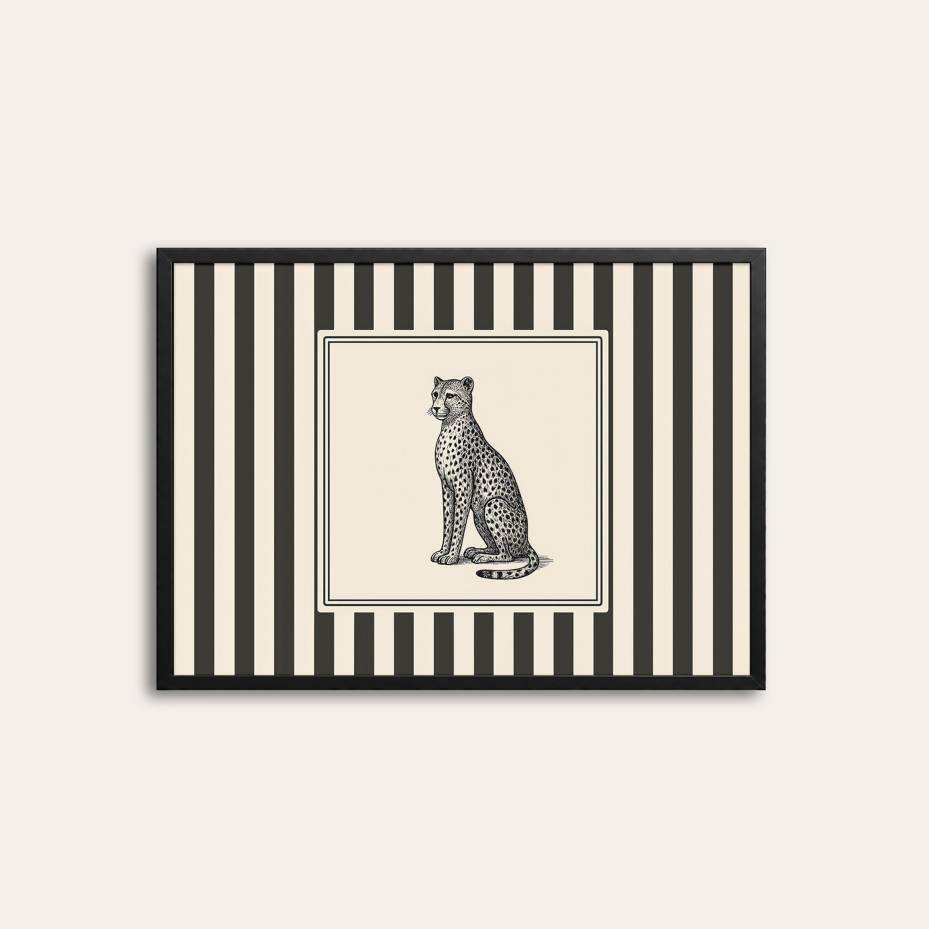 Ticking Stripe Cheetah — Engraving Print – black frame